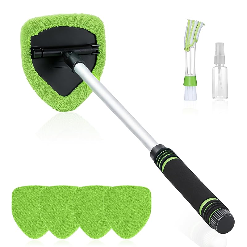 Kit de Limpeza de Para-brisa CXDWOCHE com Cabo Extensível, Cabeça Articulada e Panos de Microfibra, Verde, 7 peças