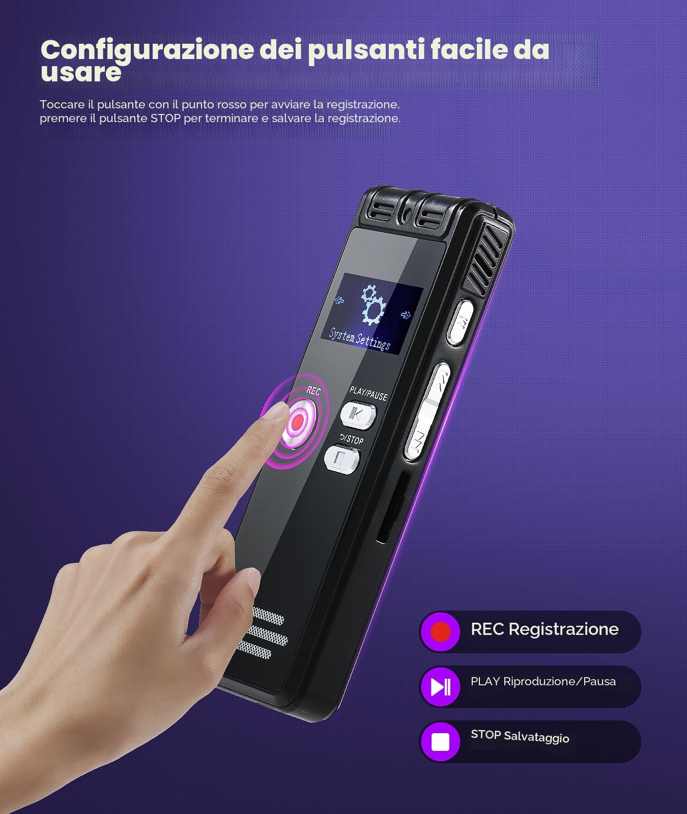 Registratore vocale con Playback 64 GB – 1536 Kpbs, dispositivo di registrazione audio one-touch con cancellazione del rumore per interviste/classi/riunioni
