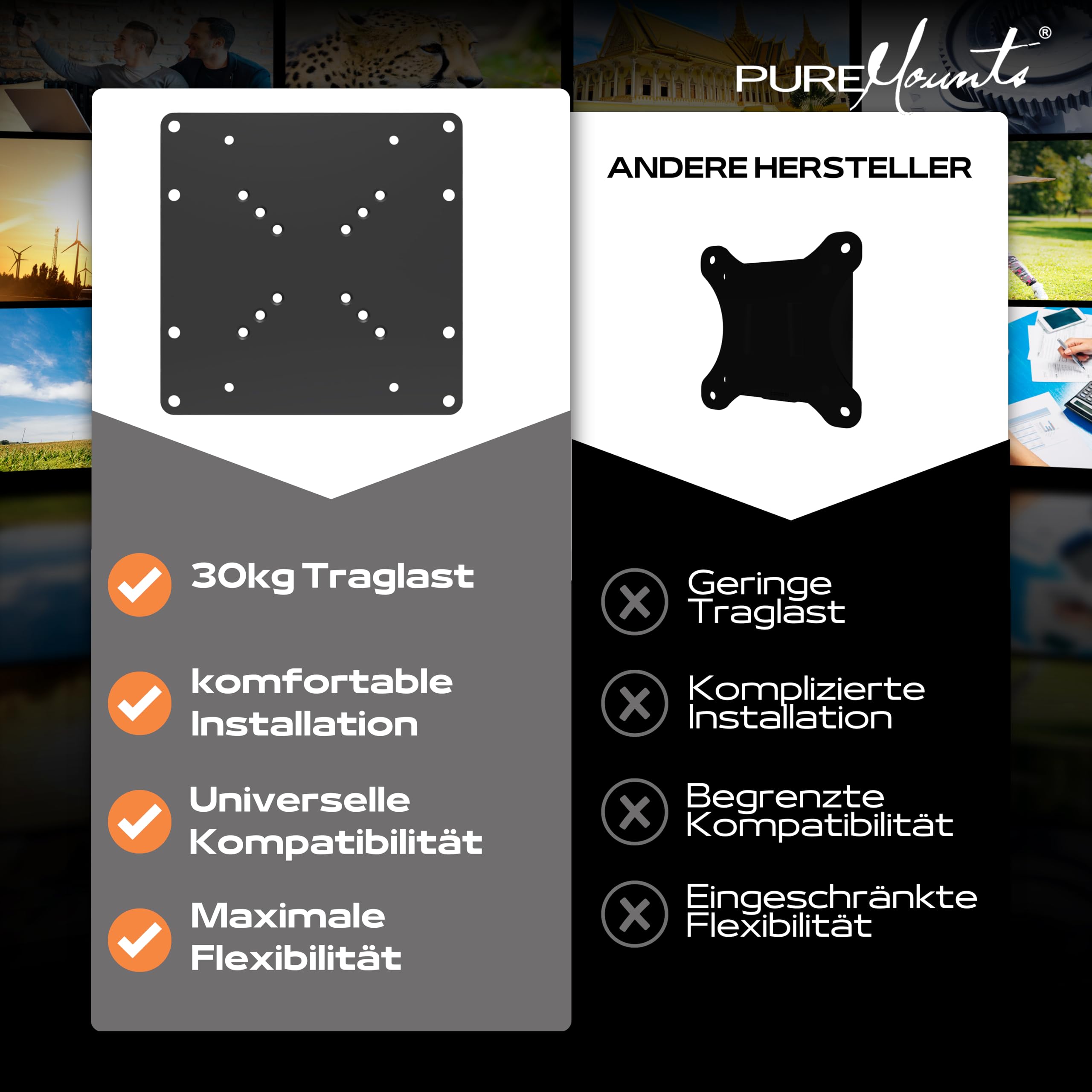 PureMounts Adapt-A Uniwersalna płyta adaptera VESA do poszerzania odległości VESA, powiększa się z VESA 50x50 do 200x200, Max. 30kg, czarny