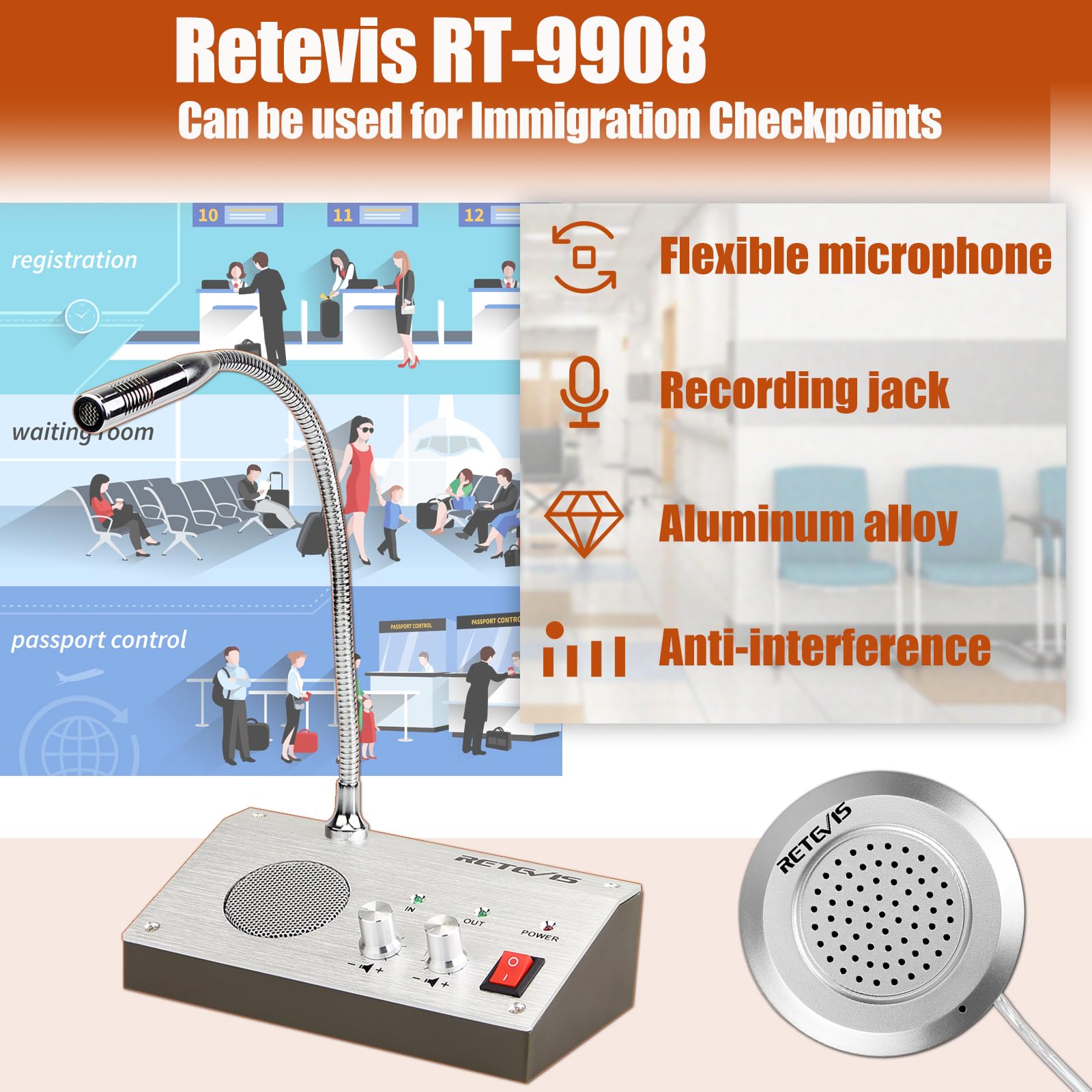 Retevis RT9908 Sistema Citofono Finestra Bidirezionale Altoparlante Ufficio Ospedale Banca Negozio Biglietteria
