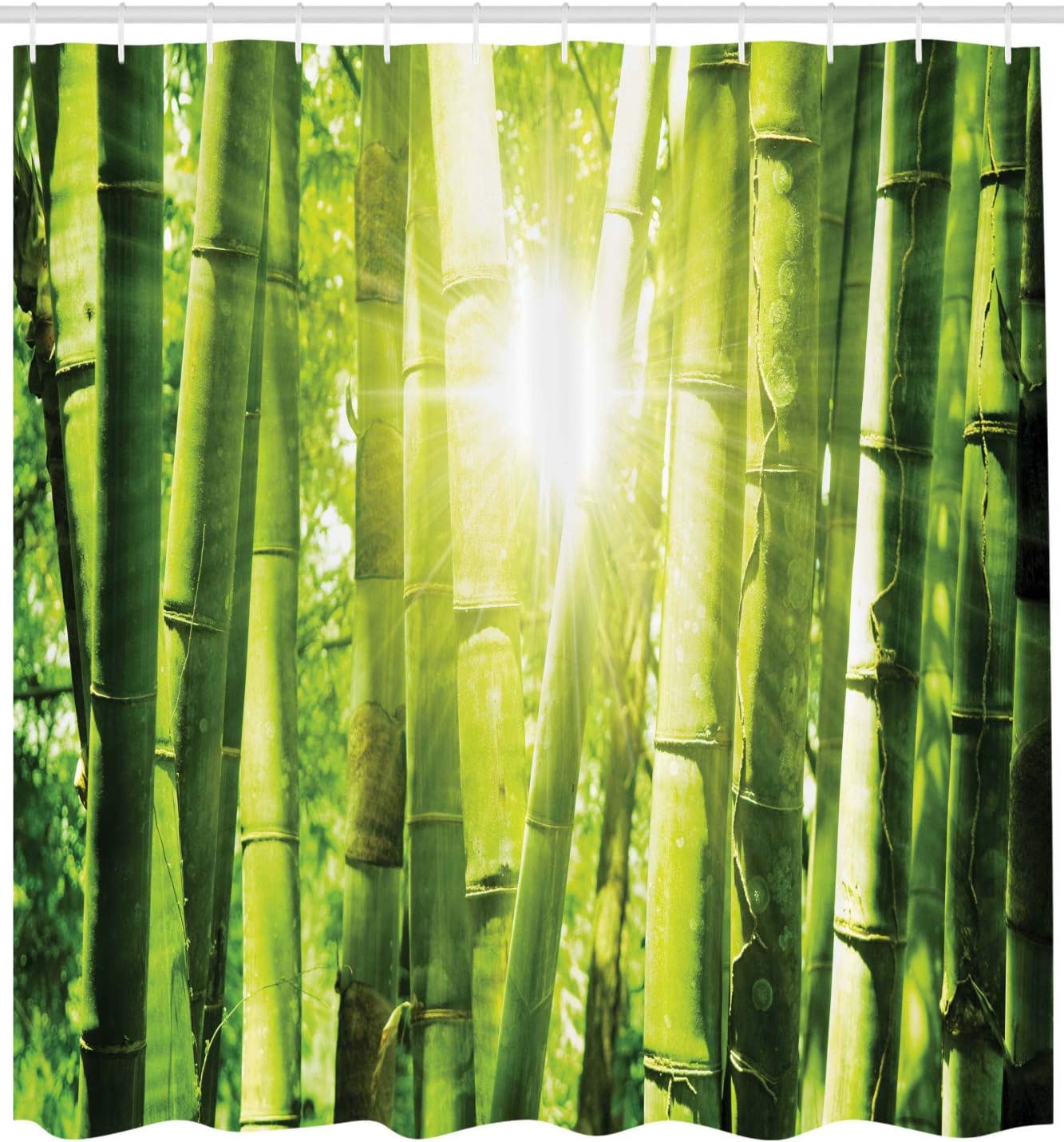Ambesonne East Shower Curtain, Bamboo Forest with Morning Sunlight Sun Beams Through Trees Jungle Scene, Cloth Fabric Bathroom Decor Set with Hooks, 69" W x 75" L, Lime Green Yellow