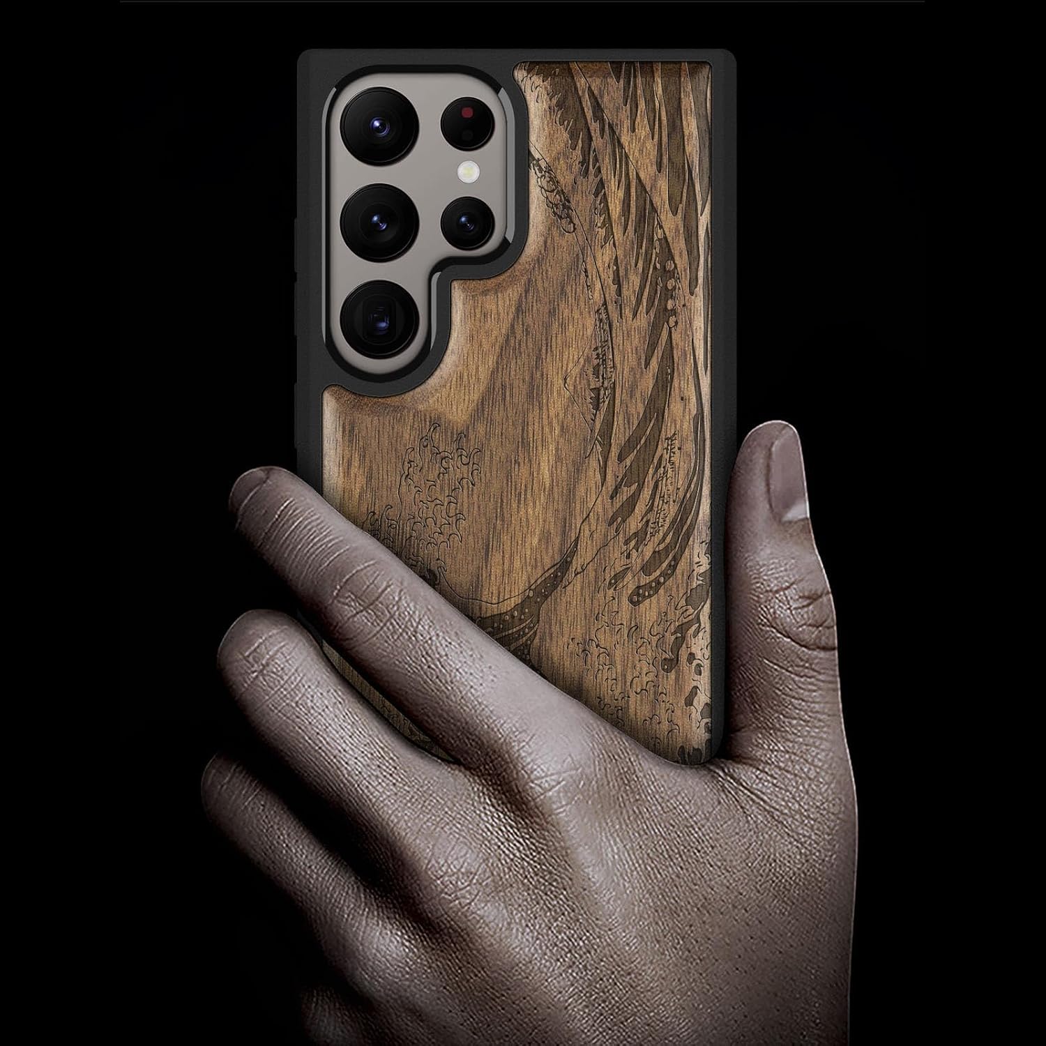Carveit Wood Case for Galaxy S24 Ultra Case [Natural Wood & Black Soft TPU] Shockproof Protective Cover Wooden Design Compatible with Samsung S24 Ultra (The Great Wave Off Kanagawa-Walnut)