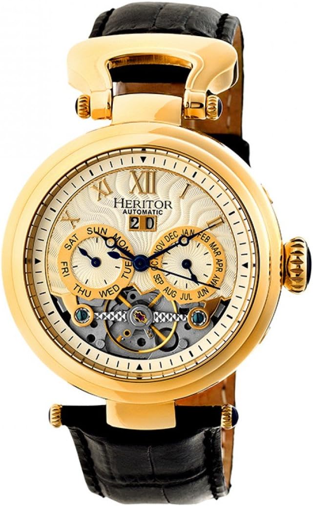 HERITORGanzi Men's Automatic Black Genuine Leather Gold Watch w/Date HERHR3303