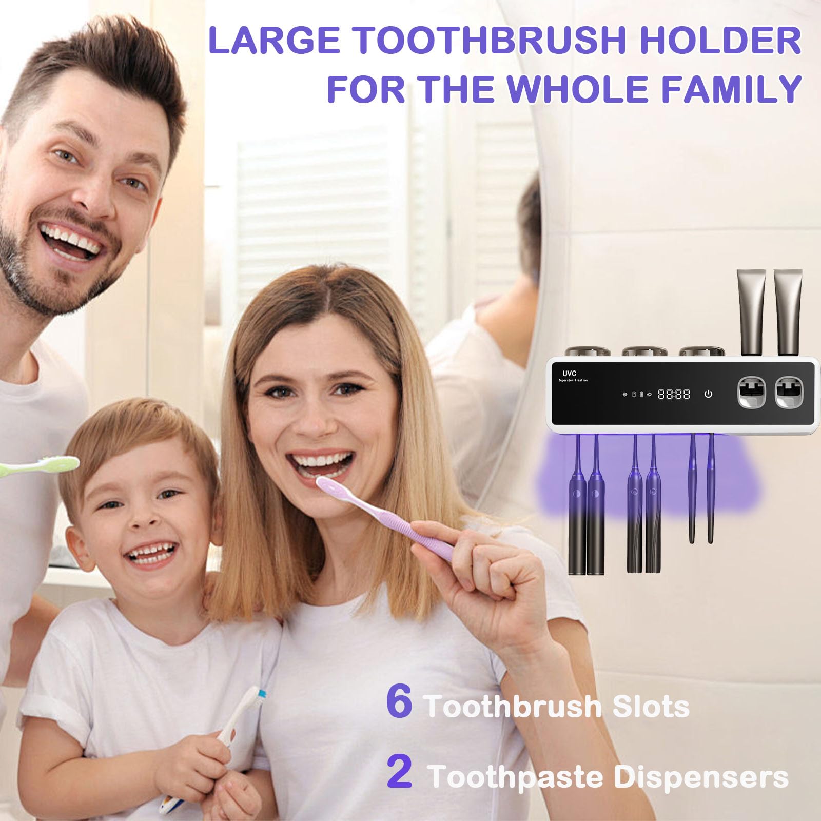Juego de dispensador automático de pasta de dientes y organizador de cepillos de dientes con limpieza inteligente y secado al aire caliente, 3 tazas, artículos esenciales de almacenamiento y