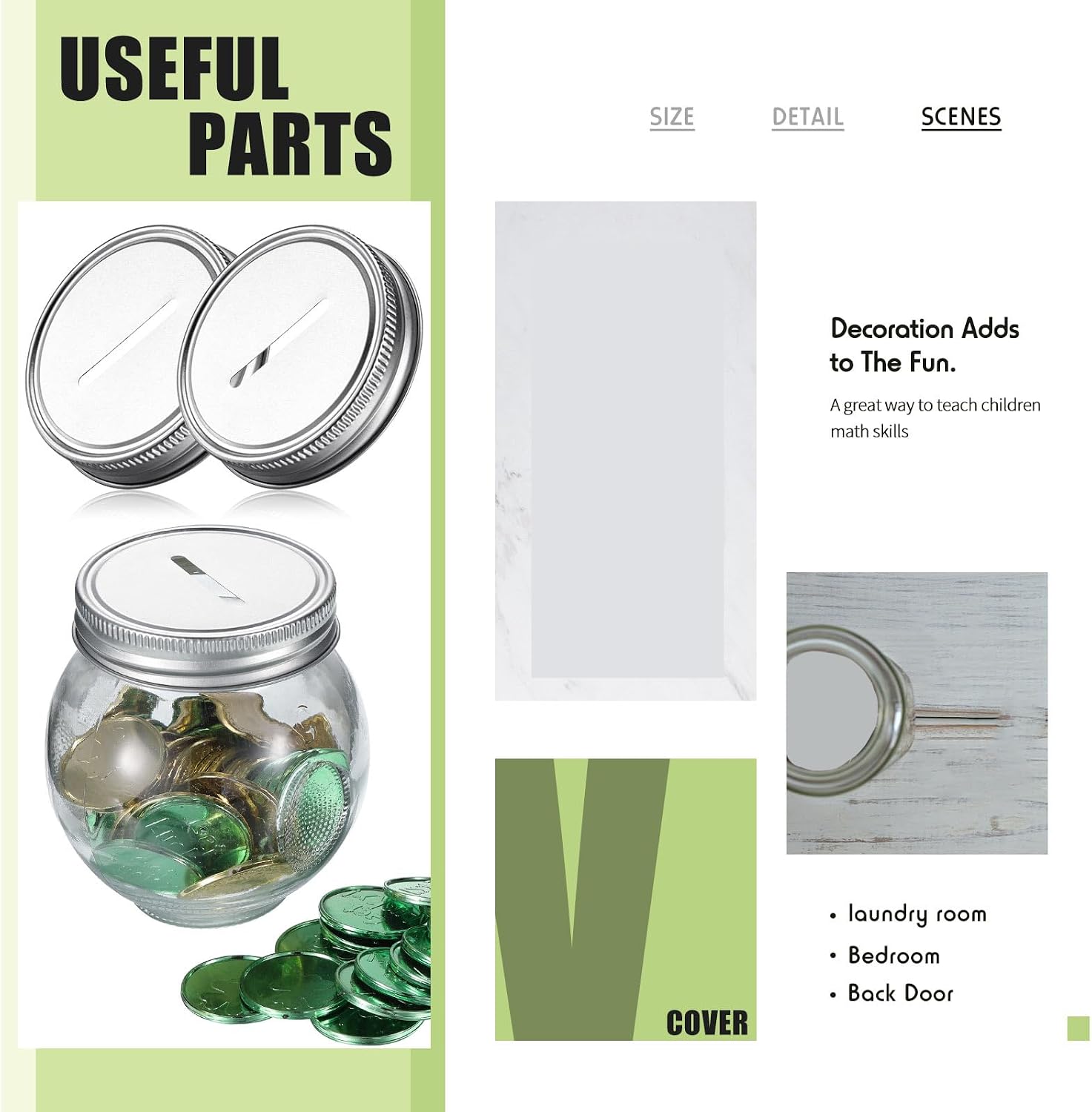 Geiserailie 6 Pieces Coin Slot Mason Jars Lids Regular Mouth & Piggy Bank