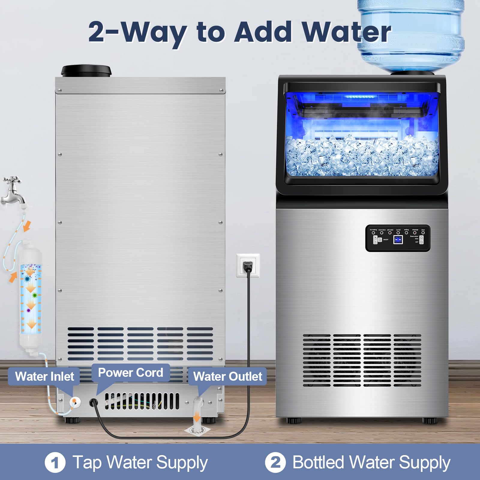 Commercial Ice Maker Machine 140lbs/24h, Dual Water Inlet Options, Freestanding Under Counter Ice Maker Smart Lcd, Self-Cleaning, Quiet For Home, Bar, Restaurant, Support 5-Gallon Bottle Water on Fridge.com - View 5