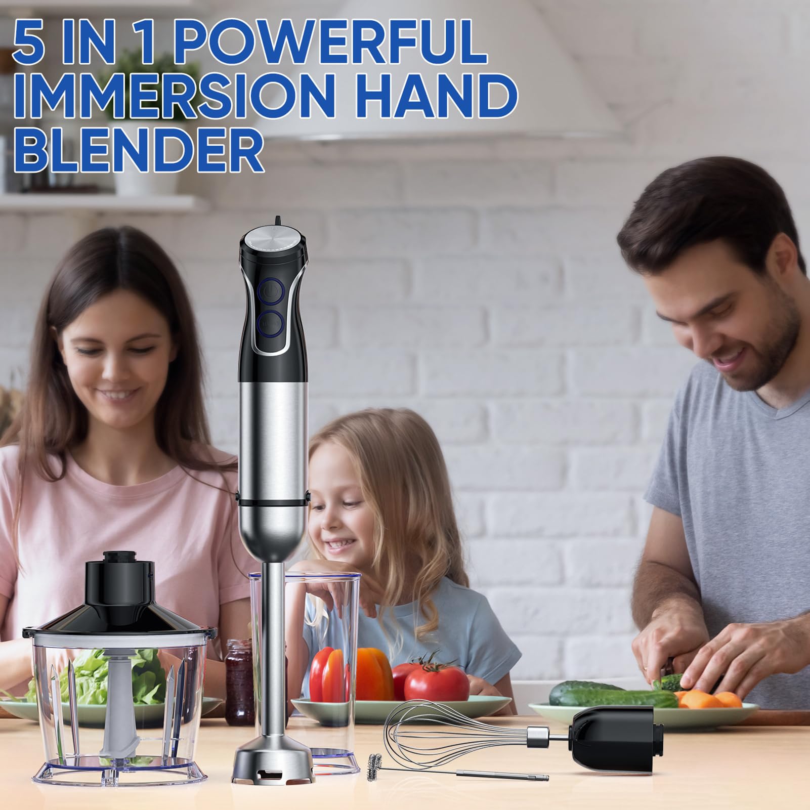 Batidora De Mano Eléctrica 1500W 5-En-1 Con Función Turbo | Batidora De Inmersión Con 6 Velocidades Y Picadora 800ML Vaso Medidor 600ML Batidor De Acero Inoxidable Y Espumador(A)