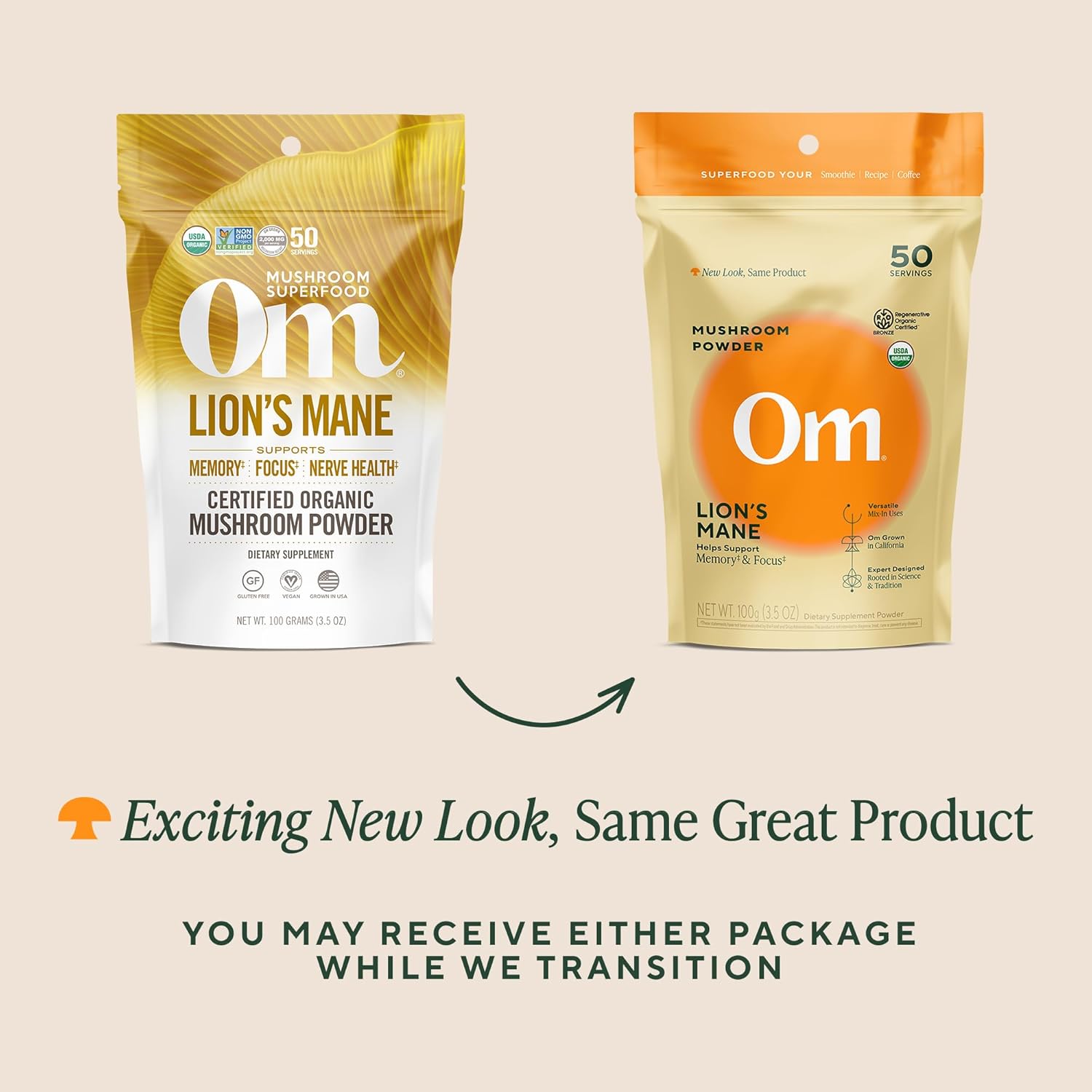 Om Lion’s Mane Mushroom Powder - Organic Mushroom Supplement and Nootropic - Support Memory, Focus and Nerve Health, 3.5 oz (50 Servings)​