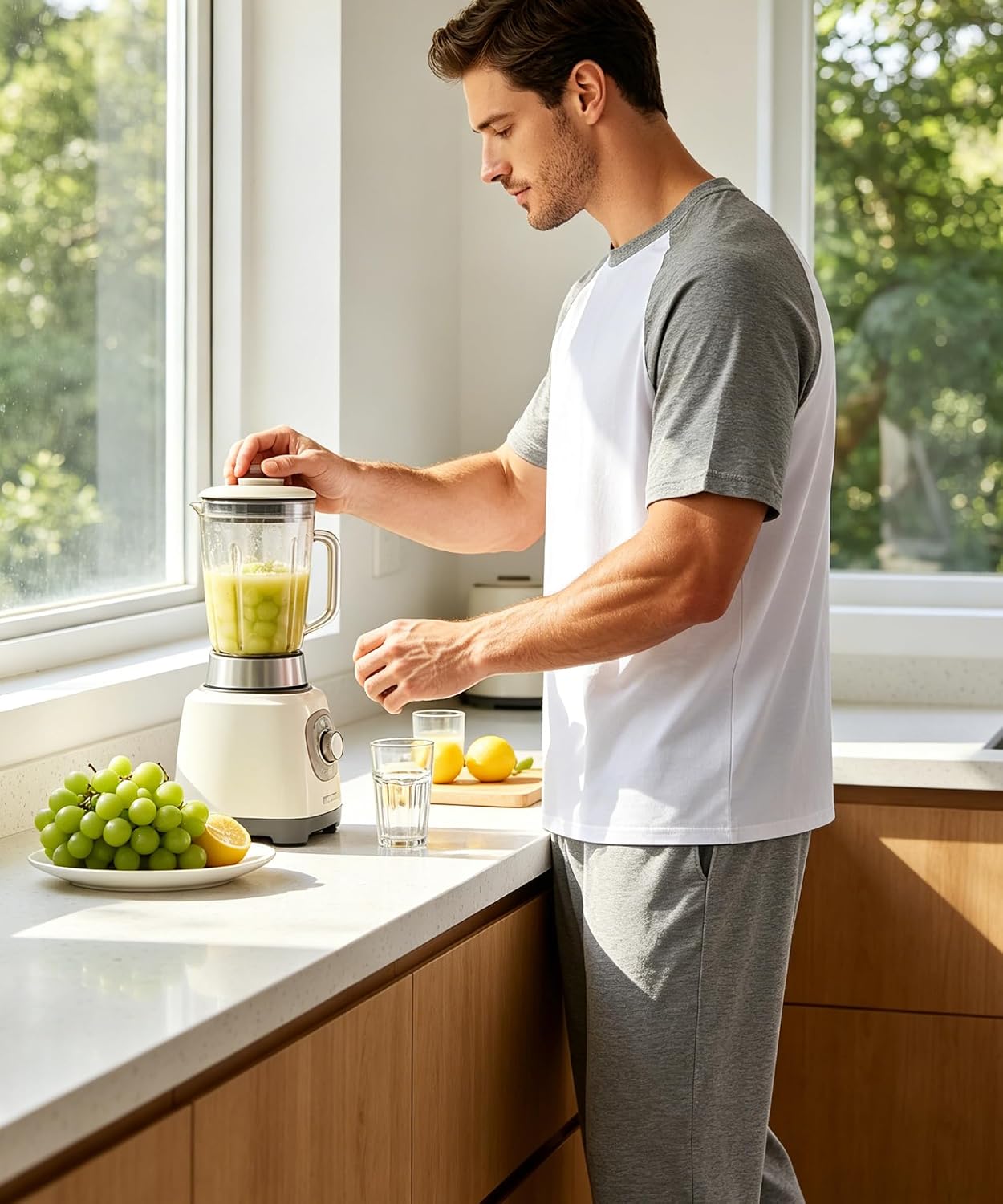 Arjen Kroos Men's Pyjamas Long Cotton Pyjamas Short Sleeves and Long Trousers Pajamas Two-Piece Set for Home Lightweight and Soft image 3