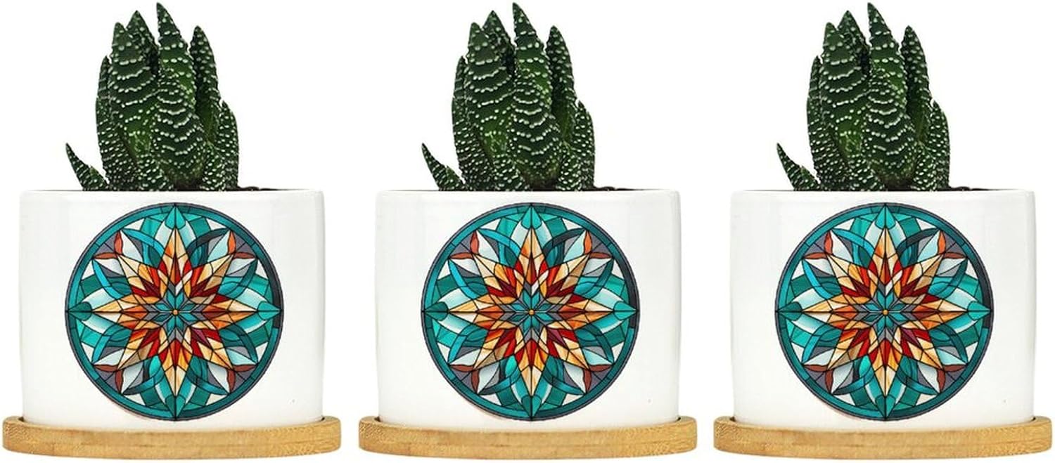 Floral Stained Glass Flower Pots with Tray SaucersFlower Pots for Indoor Plants Set of 3 Winter Holiday Ceramic Outdoor Pots Gifts for Mom Pots for Indoor Outdoor Garden, Style-20