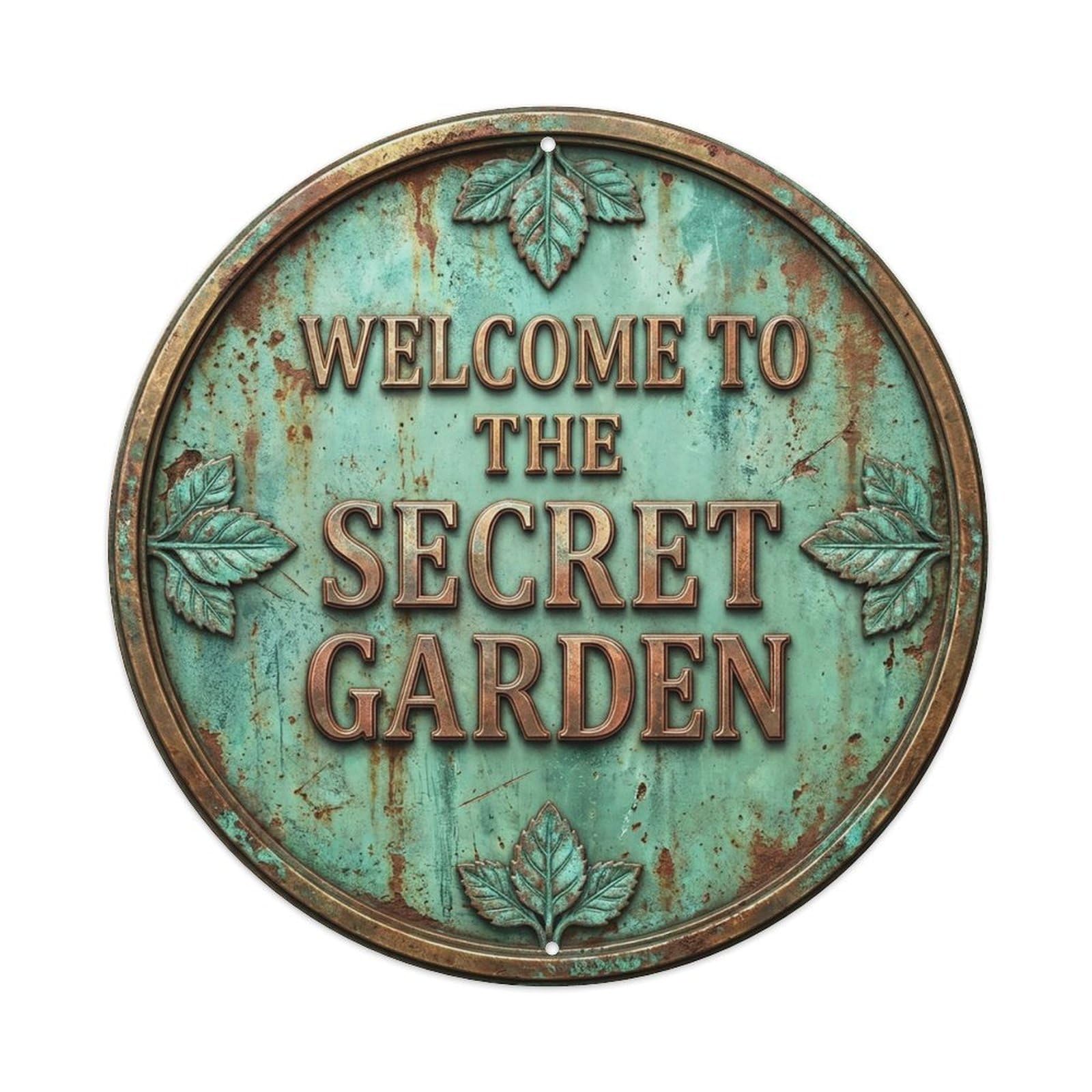 Vintage Welcome Secret Garden Copper Mint Oxidized Metal Tin Sign