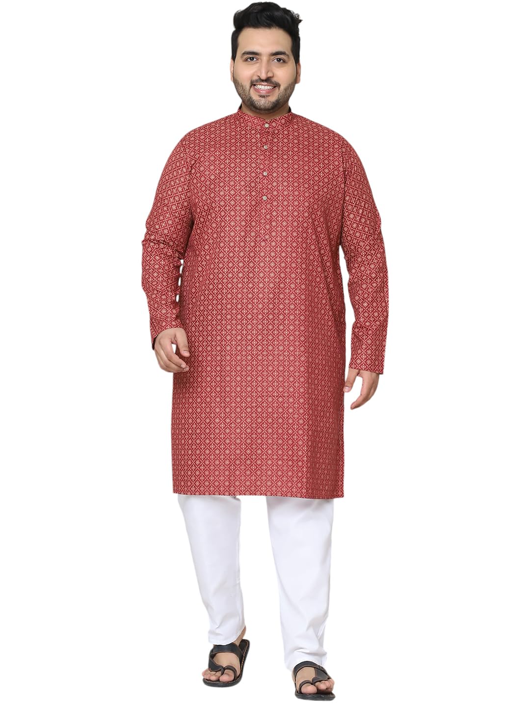 Plus (Since1958) Men's Cotton Linen Foil printed Kurta and White Pyjama Set-image-40