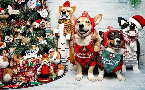 Bonjin 2 Pack Dog Bandana Christmas Classic Plaid, Pet Scarf Triangle Reversible Bibs Kerchief Santa Christmas Tree Magic Of Christmas Print Pet Bandana For Small Medium Large Dogs Cats Pets #TOP1