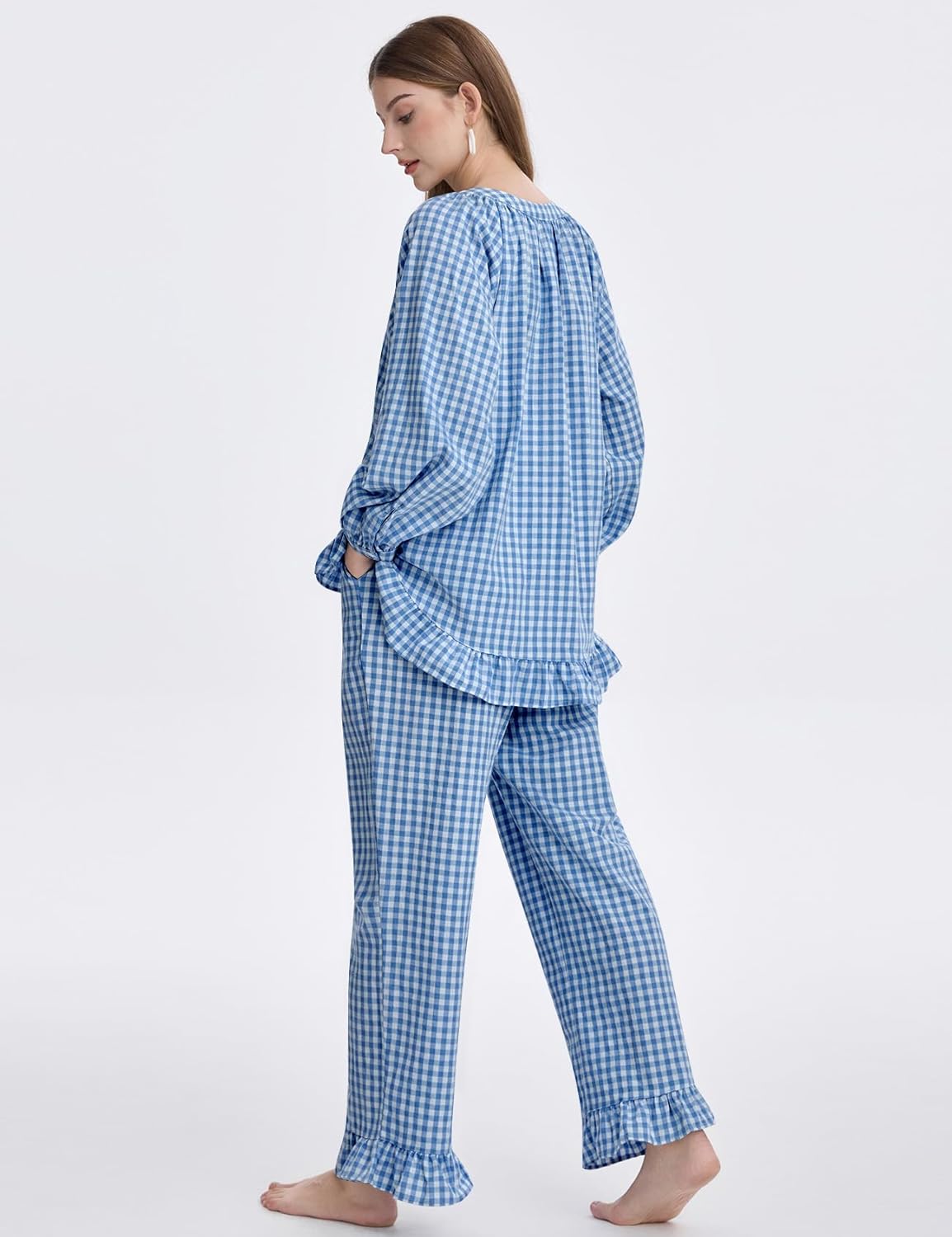 COZYPOIN Womens Plaid 2 Piece Pajamas Sets Cotton Gingham Puff Long Sleeve Cute Shirt Ruffle Pants Y2K Pjs Lounge Set - Image 4