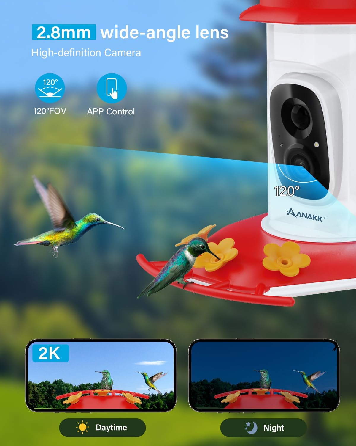 Hummingbird Feeder with Camera,1296P HD Night Vision Hummingbird Feeder with Ant Moat, Solar Bird Feeder Outdoor/IP65 Waterproof/AI Intelligent Identification of Hummingbirds 2.4G Wi-fi