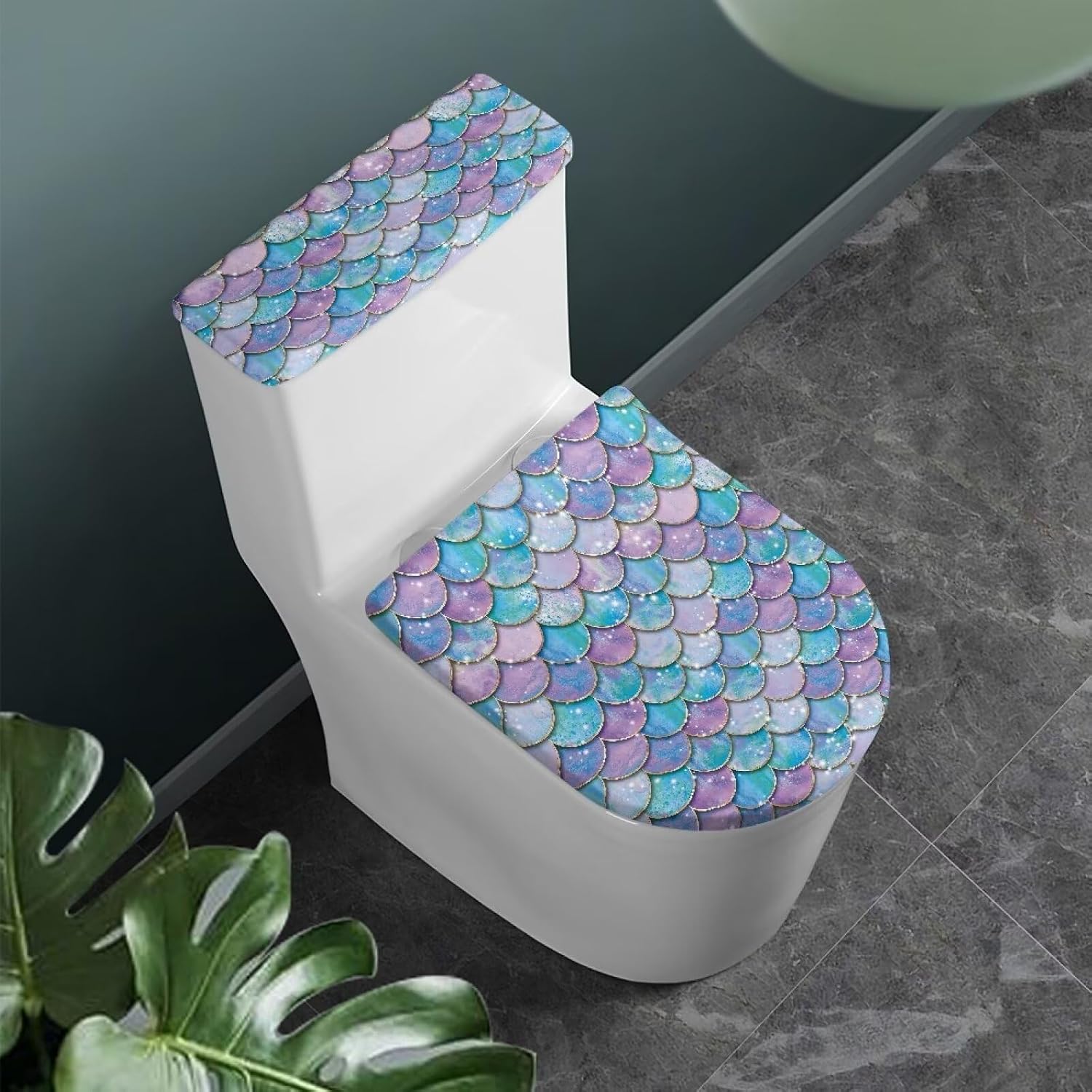 Generic Mermaid Scales Toilet Lid Tank Lid Dust Cover Soft Plush Toilet Covers with Elastic Edge Fits Most Toilet Tanks & Lids Easy to Install Clean