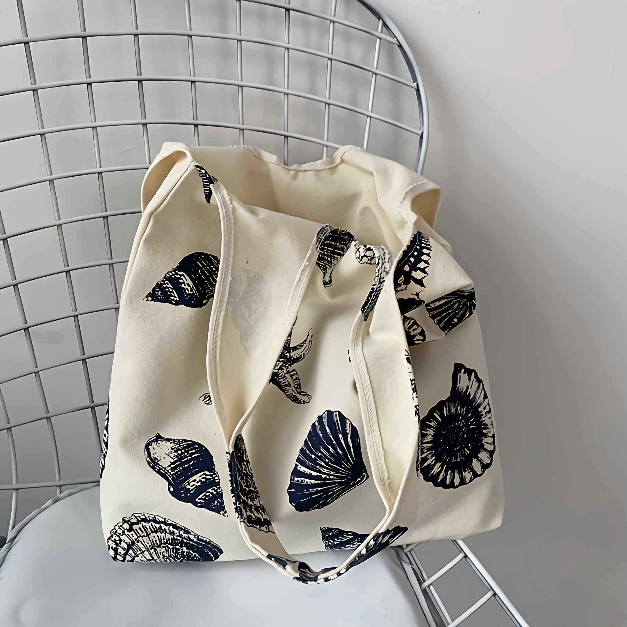 Beach Inspired Canvas Tote Bag For Women, Nautical Seashell And Starfish Print, Casual Shoulder Bag Aesthetic, Cute Small Book Tote, Portable Washable For Women Grocery Shopping Gift For Birthday Day