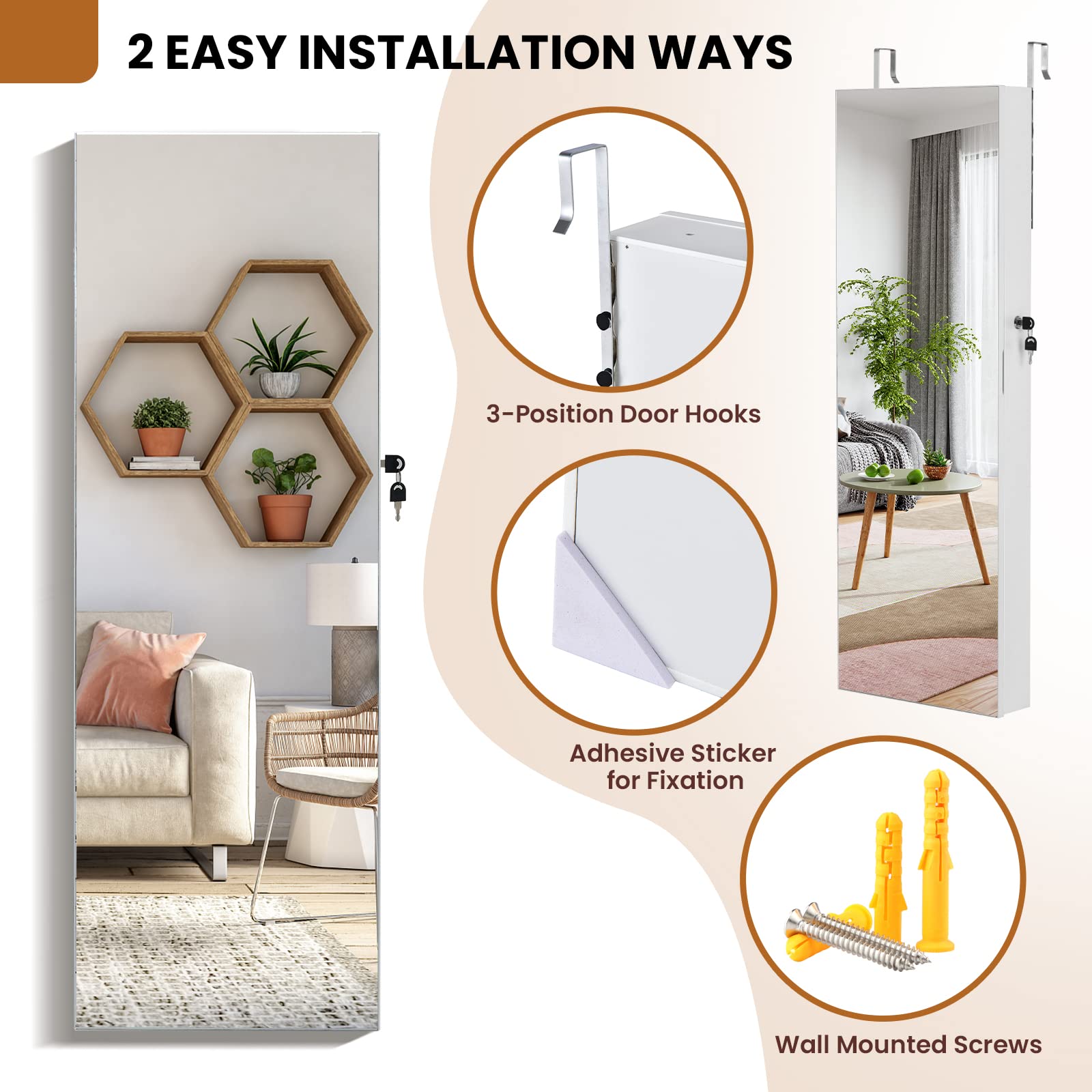 RELAX4LIFE Schmuckschrank hängend, Spiegelschrank mit 2 Schubladen & 6 LEDs & Schloss, Schmuckorganizer für Ohrringe & Armband & Kette & Ringe & Kosmetik, Beleuchtungen, Tür- & Wandmontage (Weiß)