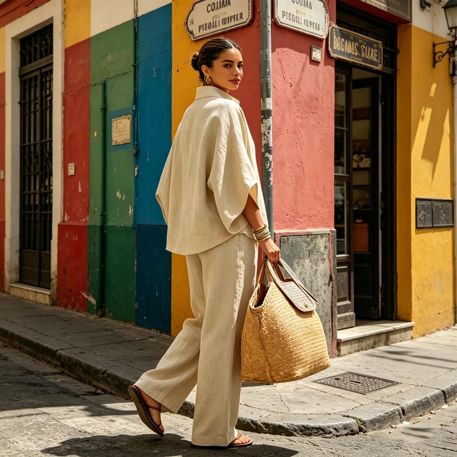 Genérico Women Linen Cotton Two Piece Outfit Batwing Sleeve Top and Wide Leg Pants Set Casual Loose Fit Summer Travel Clothing