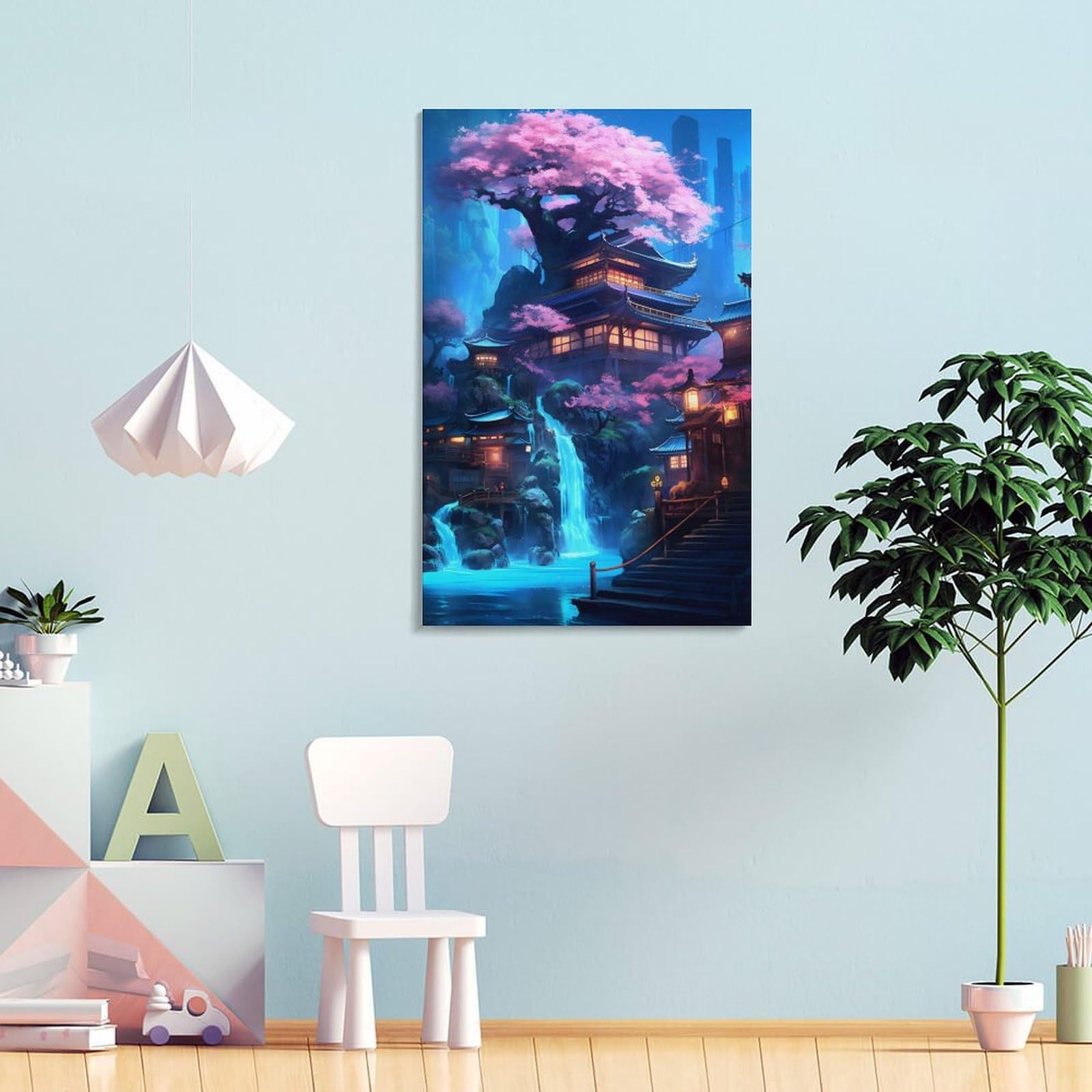 Carteles de templo en cascada neón, decoración de dormitorio, tela para pared, regalo, decoración del hogar, cartel de pareja celebrante, 60 x 90 cm