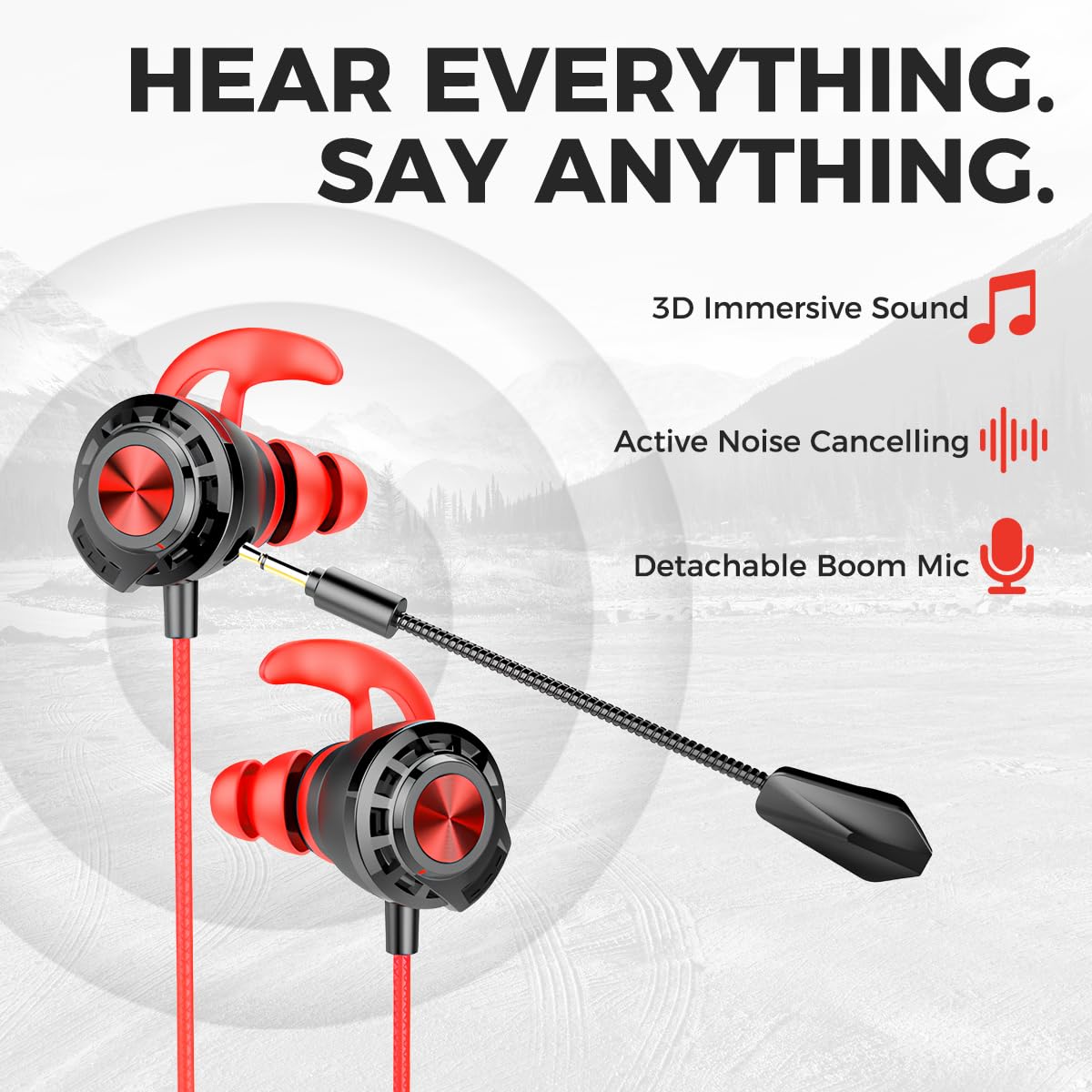 Auriculares In-Ear Gaming con Cable y Microfono, Multiplataforma para PS4, PC, Xbox, PUBG, Doble Micrófono, Auriculares Profesionales de 3,5 mm (Rojo)