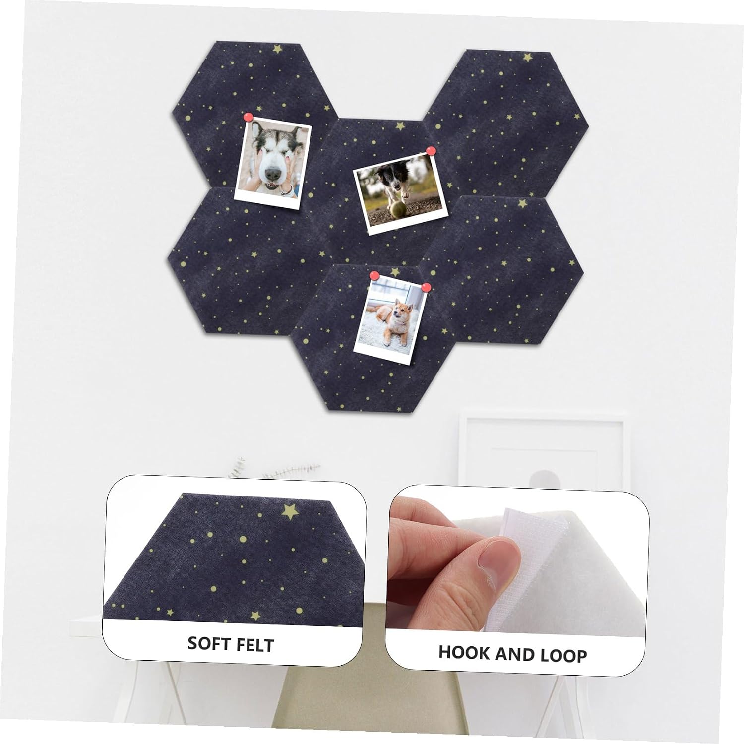 SHOWERORO 6pcs Hexagon Felt Board Tiles for Photo Display Memo Board and Wall Decor Easy to Install Multi-Functional Felt Wall Stickers for Home and Classroom Decor