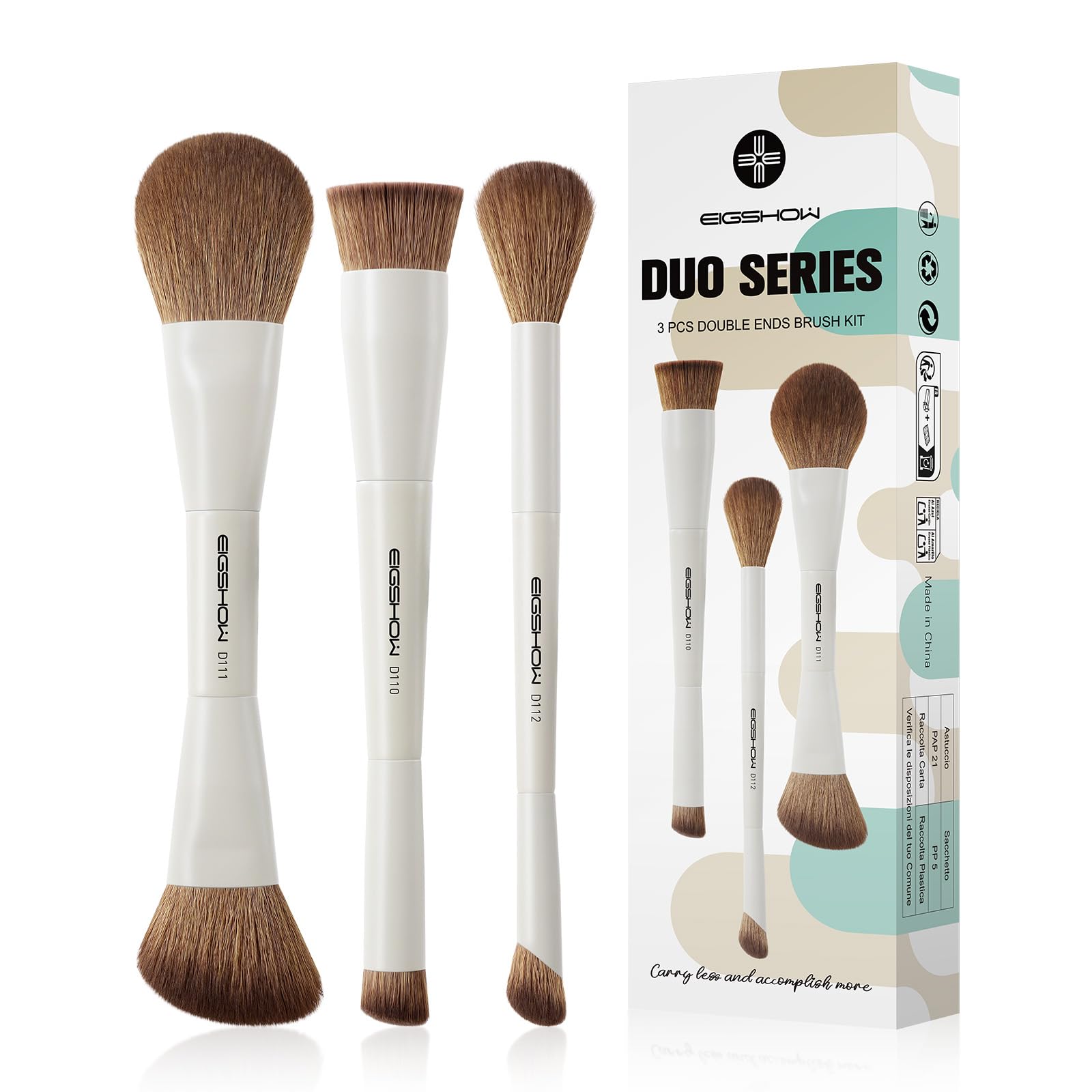 EIGSHOW Makeup Brush Set, 3Pcs Double Ended Face Makeup Brushes for Foundation Powder Contour Highlight Concealer Nose Shadow, Travel Gift Set (Beige)