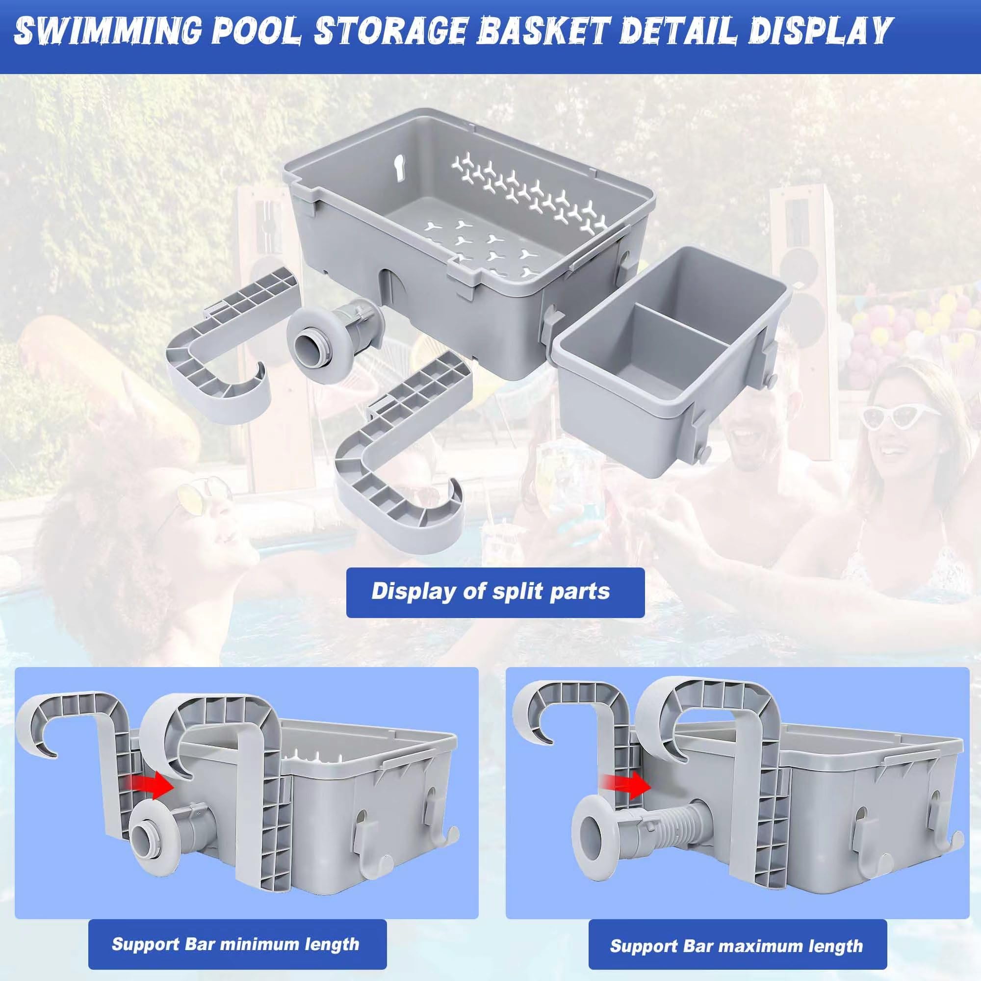 Paquete de 2 cestas de almacenamiento junto a la piscina, accesorios de piscina sobre el suelo, cesta de almacenamiento junto a la piscina con ganchos para portavasos, cesta de almacenamiento de