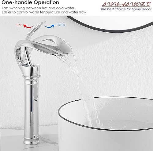 Miniatura 4 de Elegante grifo de fregadero de recipiente cromado, moderno grifo de baño de una sola manija, grifo de lavabo alto de un solo orificio con línea de