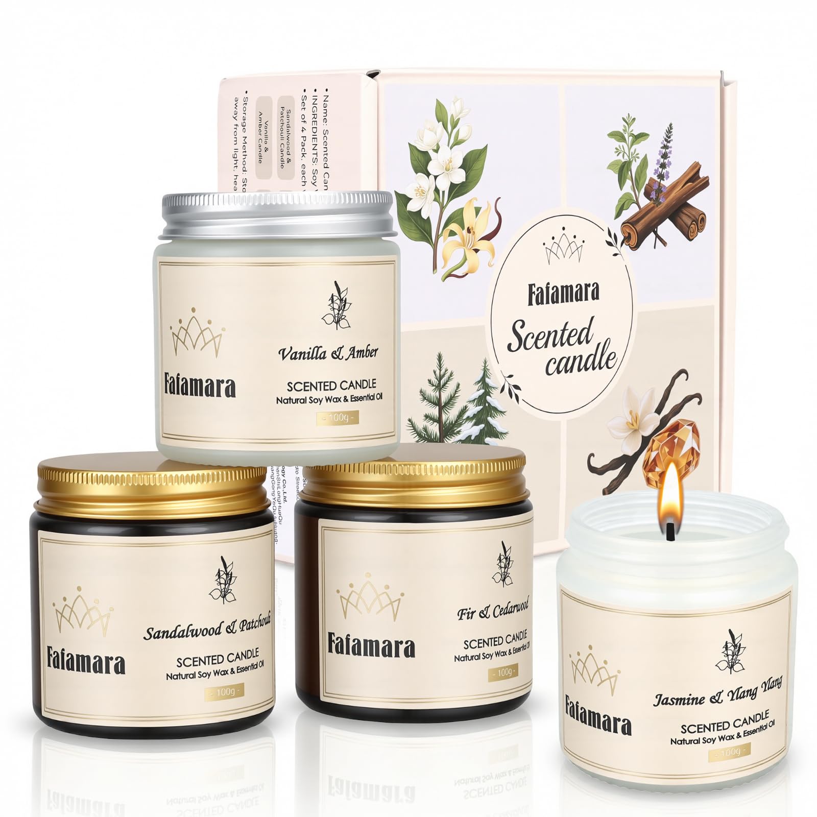 Fafamara Scented Candles Gift Set, Natural, Vegan & Eco-Friendly, Long-Lasting Aromatherapy Candles for Home, Relaxation & Gifting, 4 Signature Fragrances in Reusable Glass Jars