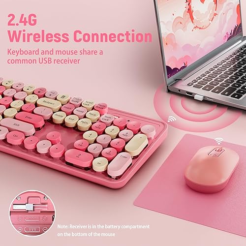 Vista 33 de Teclado y mouse inalámbricos, teclado silencioso y mouse combinados, teclado colorido de tamaño completo con teclas redondas, bonito mouse de 2.4 G