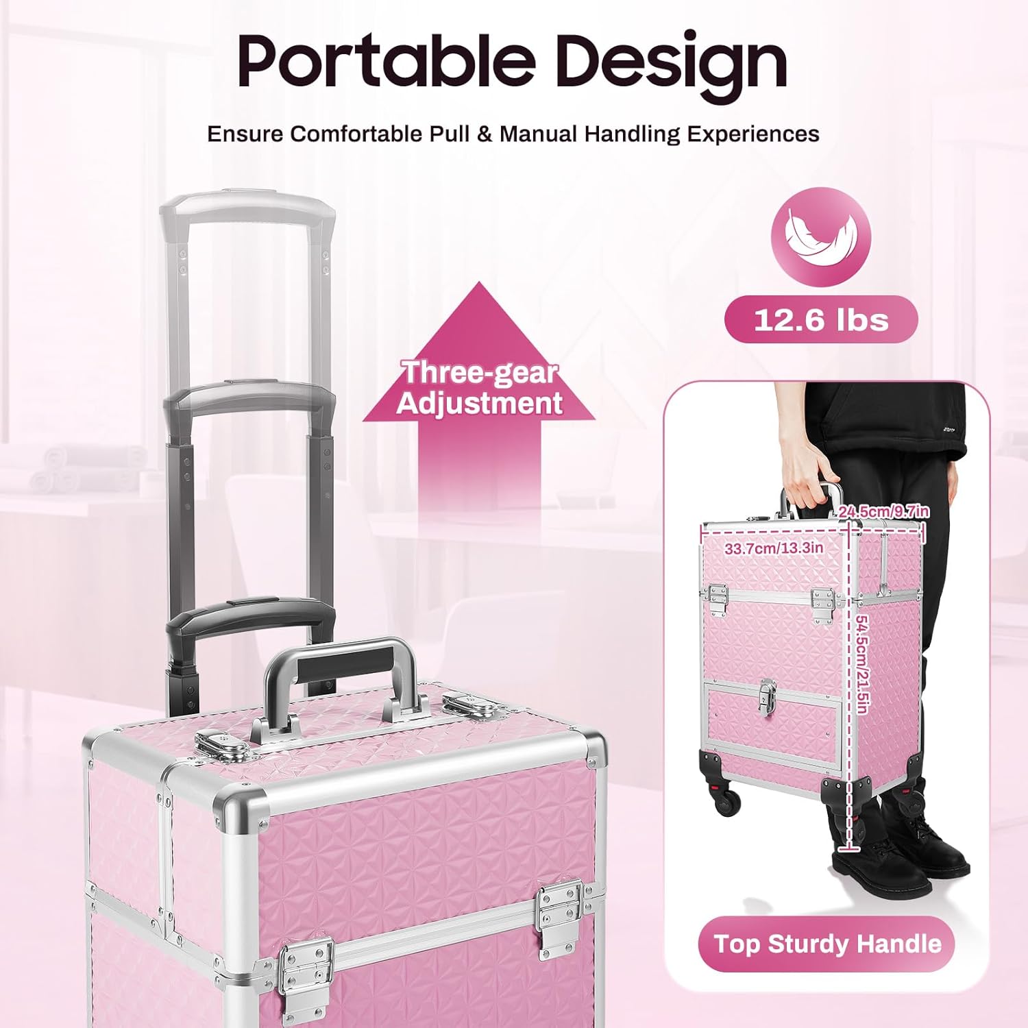 13.4x9.8x18.5in Rolling Makeup Case with Wheels,Five-in-One Makeup Box Load 44.09lbs,Aluminum Alloy Cosmetic Organizer for Hair Stylists,Pet Groomers,Dresser Artists (Pink) - Image 7
