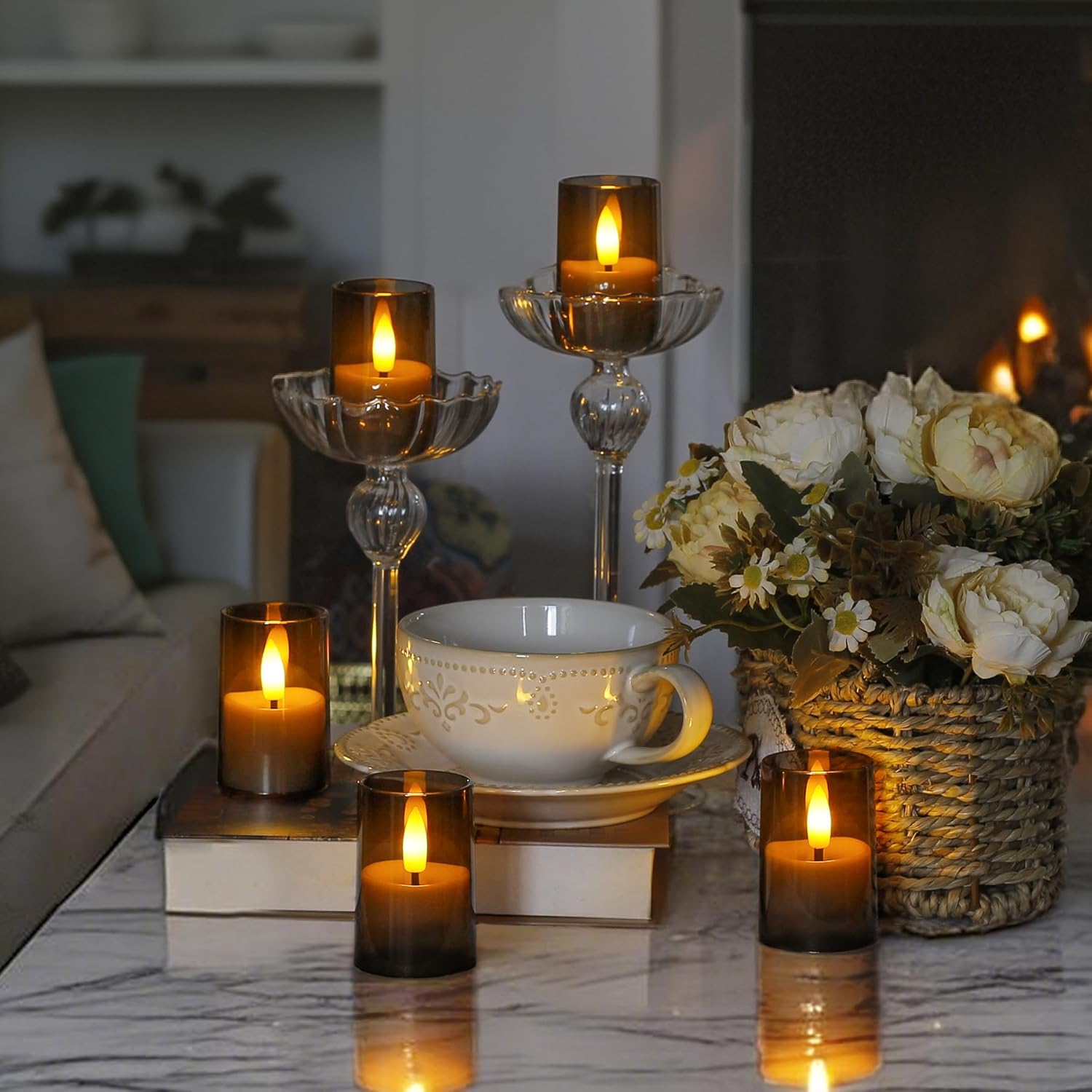 Rechargeable Acrylic Flameless Votive Candles with Timer & Remote Control, 1.7" x2.5" Flickering LED Warm Glow Tealight for Home, Wedding, Holiday Decor (Set of 6, Grey) - Image 5