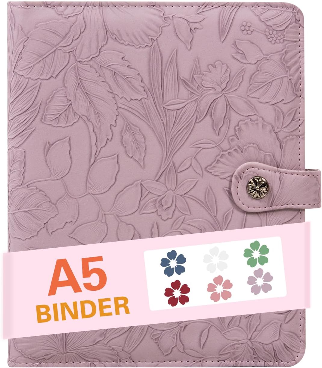 AZXCG A5 Notebook PU Leather Binder,6 Ring Refillable Journal,Press Button,Embossed Leather Binder for Women(Light Purple)