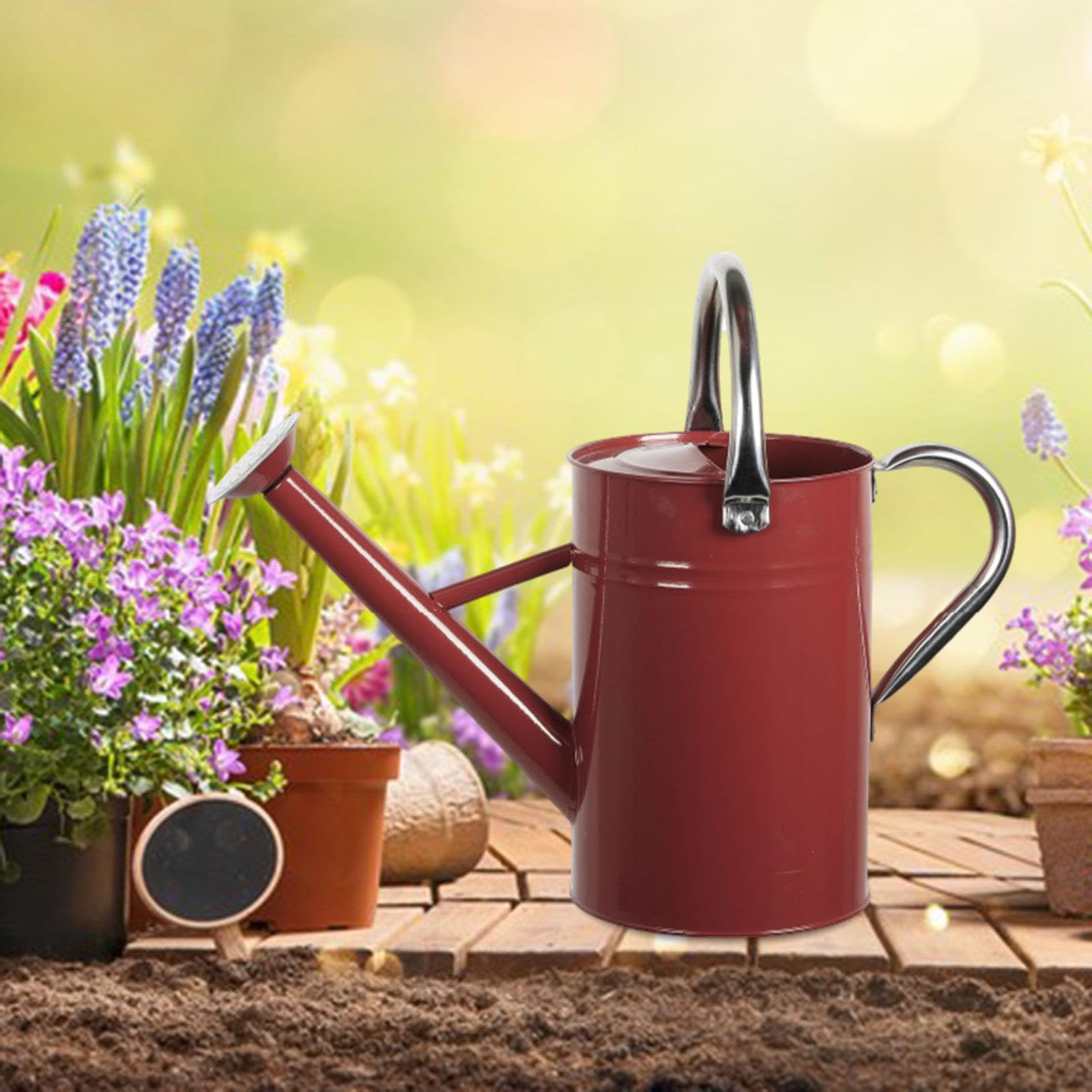 perfk​ Edelstahl-Gießkanne mit abnehmbarem Ausguss – Rostfreie Metallgießkanne für Innen & Außen, ergonomischer Griff für Pflanzen & Blumen​, 5 l, Feinsprüher, Rot