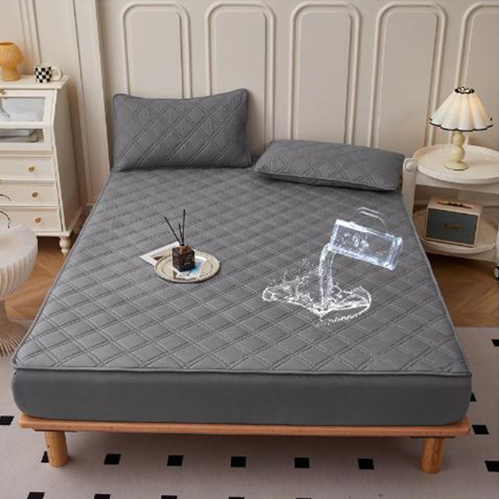 Wasserdichter Matratzenschoner 150x200 cm Spannbettlaken, Super saugfähig, für 30CM Hohe Matratzen, Kuschelig weich(Gray,153 * 203cm (2*Pillowcases))