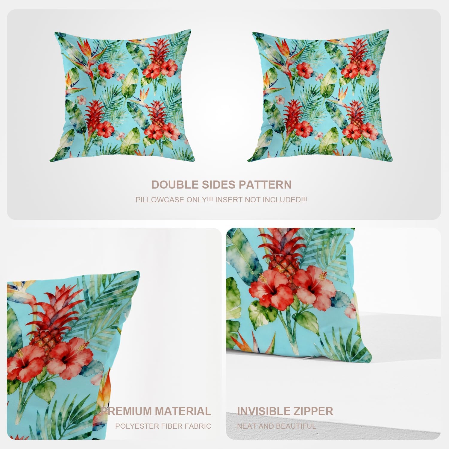 Colorful Tropical Floral Throw Pillow Covers, Hawaiian Cushion Cover Digital Blended Hidden Zipperl Decorative Pillowcases for Hair Skin Square 26X26 in 2 Pcs