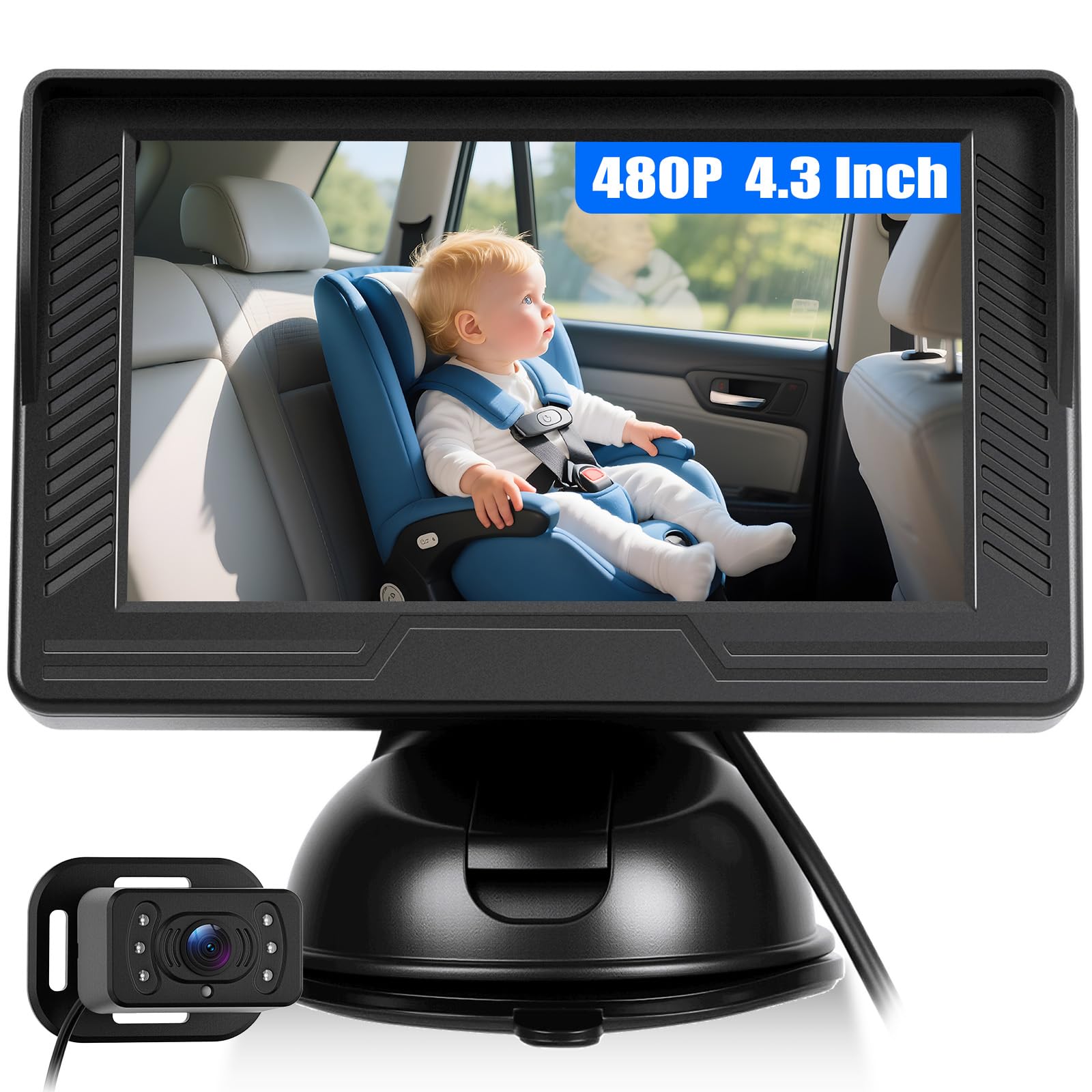 CAMECHO Baby Monitor con Poggiatesta e Schermo IPS da 4,3", HD 480P, Visione Notturna e Obiettivo Grandangolare – per la Sicurezza sul Sedile Posteriore dell'Auto