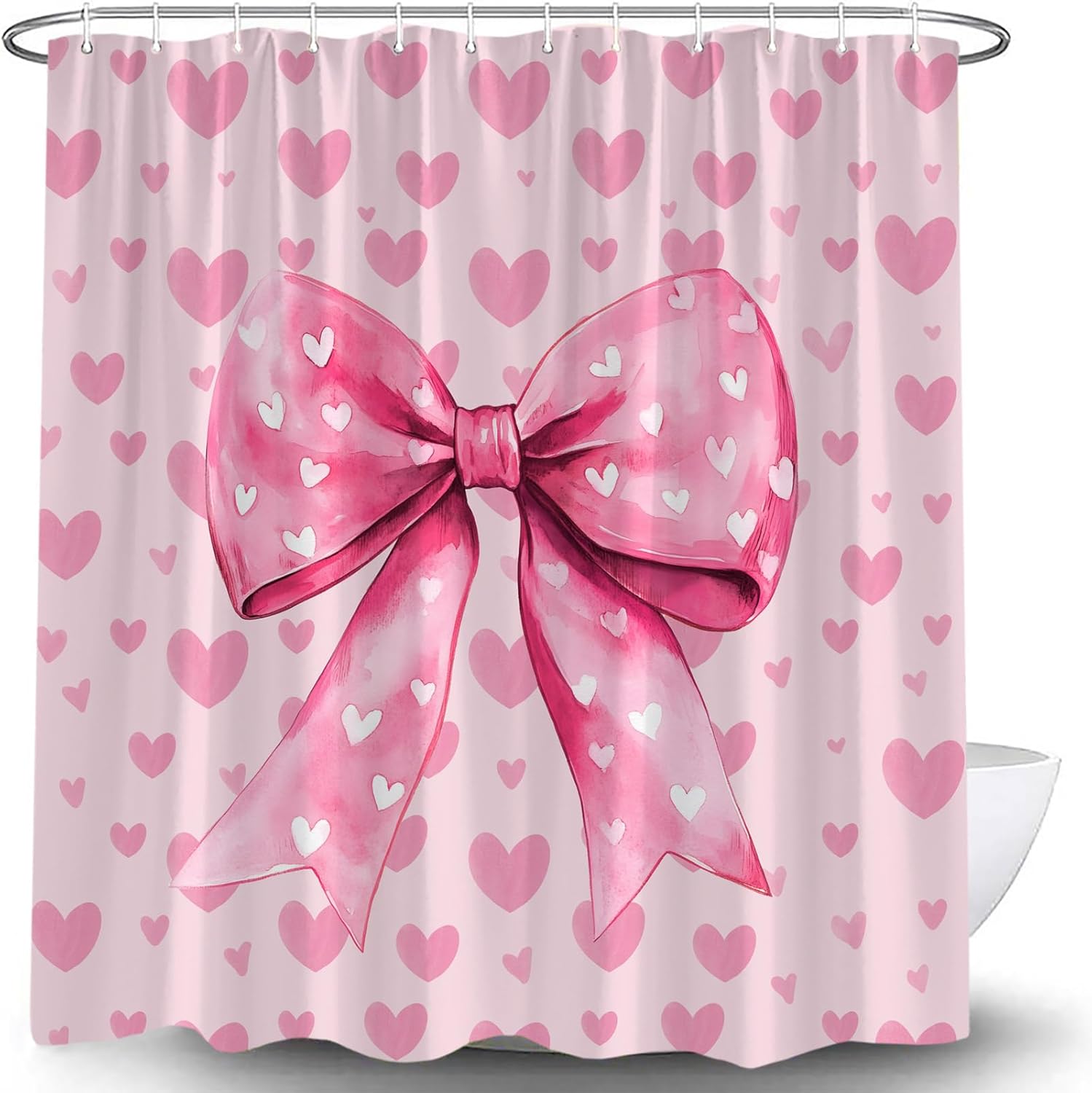 Valentine's Shower Curtain Pink Love Heart Cute Bow Romantic Sweetheart Couple Lover Fashion Modern Fabric Bathroom Curtain Set with Hook,70x78IN
