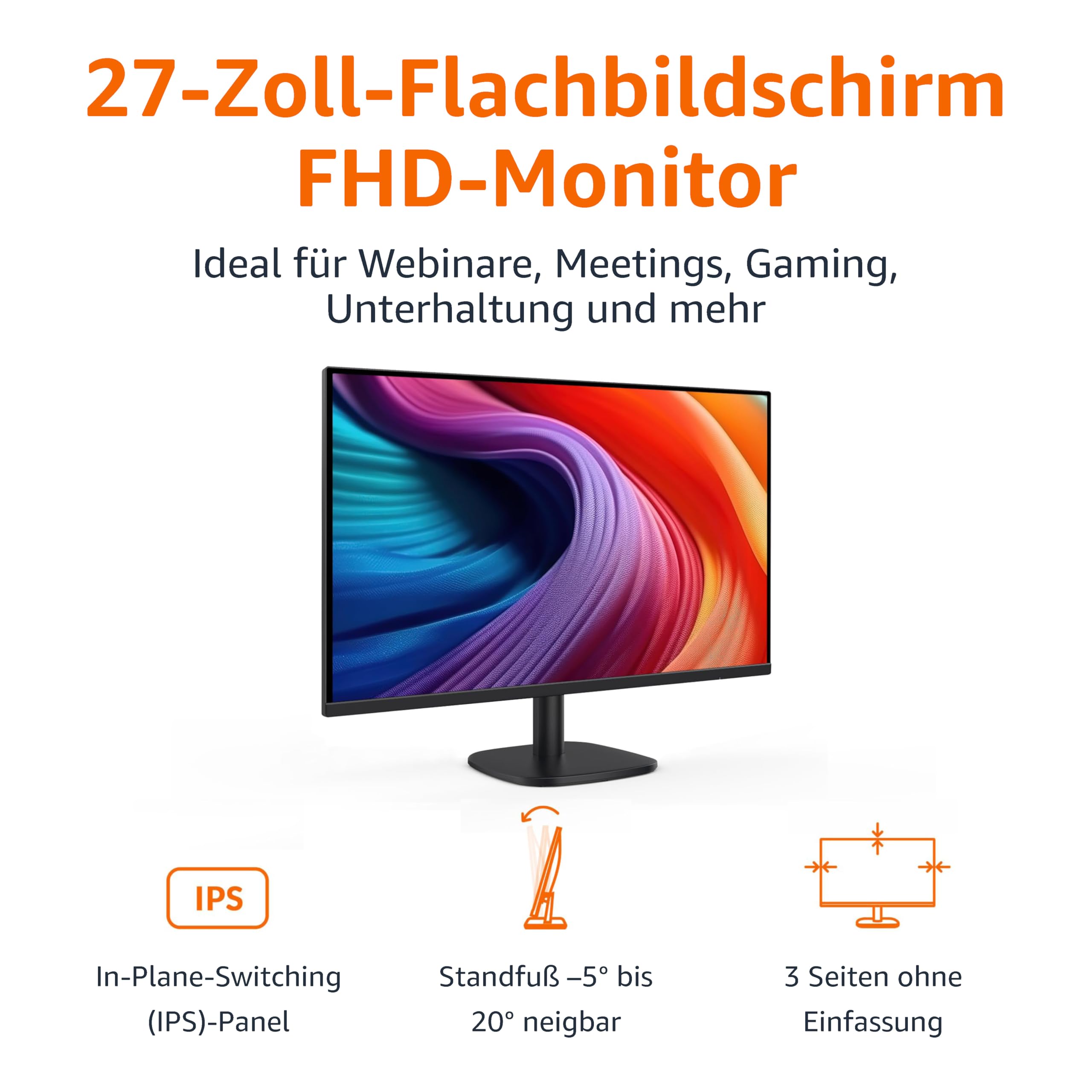 Amazon Basics Monitor 27 Zoll (68.6 cm), FHD 1080p, max. 100 Hz, VESA-kompatibel, integrierte Lautsprecher, Schwarz