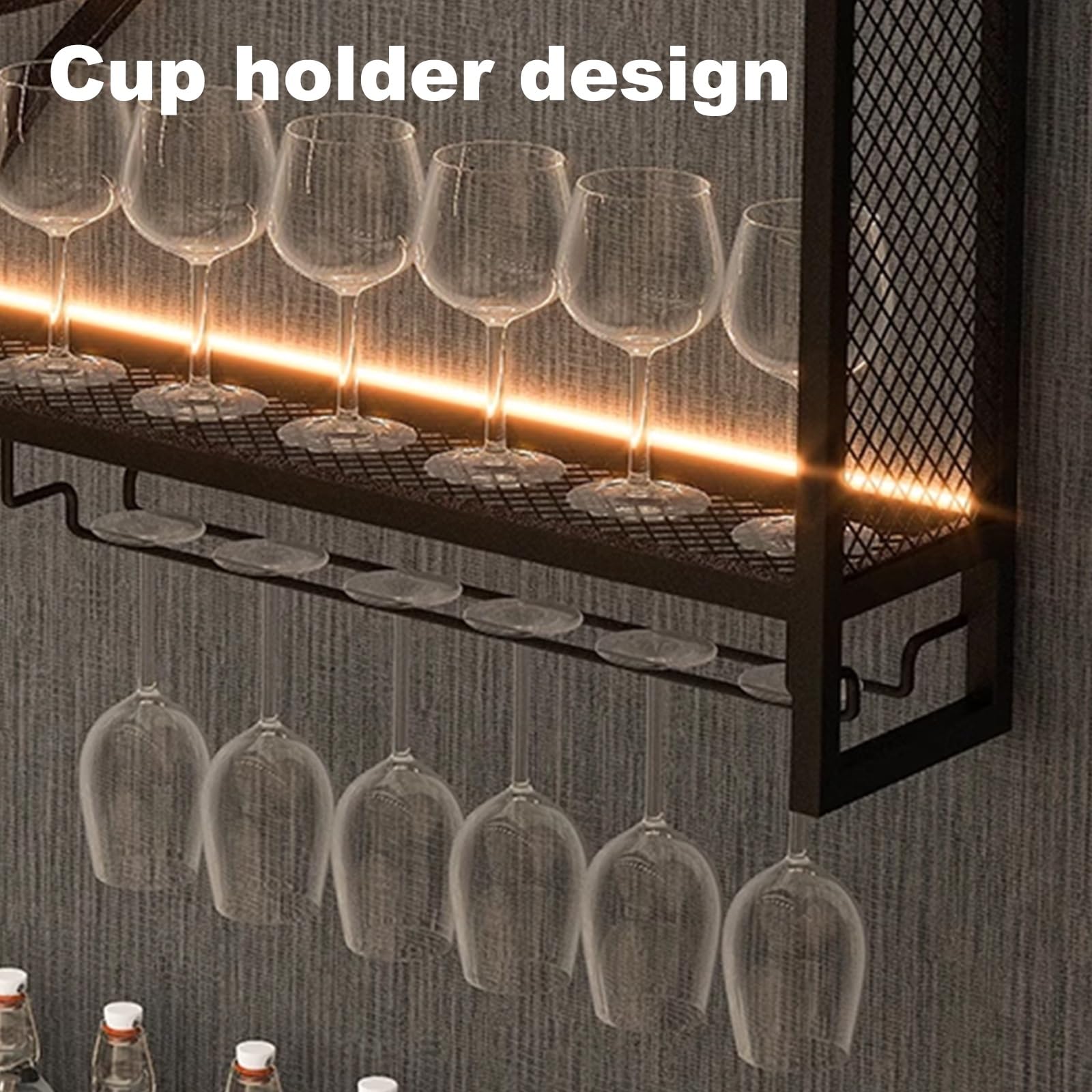 Botelleros Originales de Pared Botellero de Hierro Soldado Lacado, Botellero Vino Pared con Luz LED y Portavasos, for Bar Restaurante Club(Black,100 * 15 * 80cm)