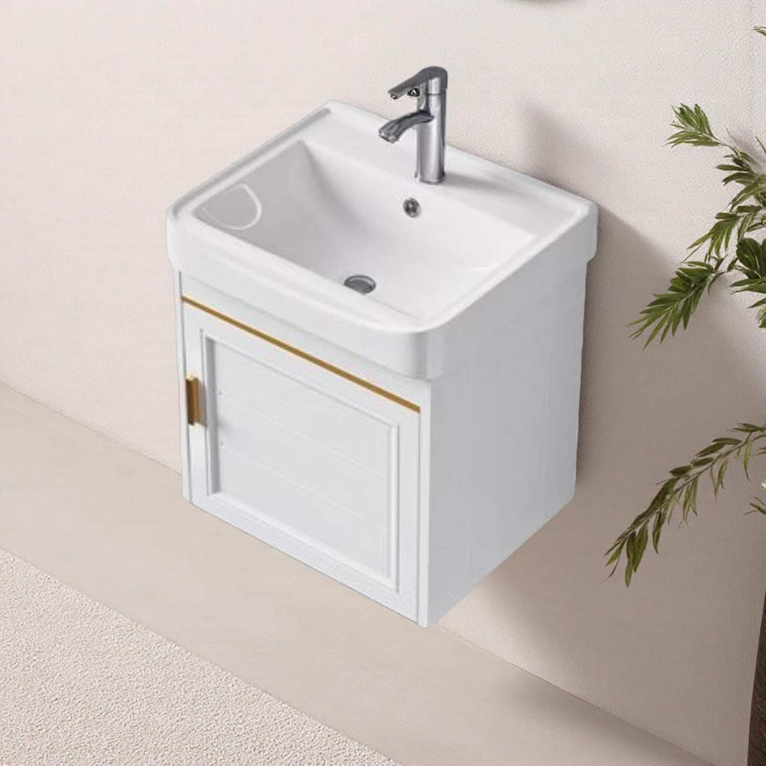 Wall-Mounted Compact 17-inch Bathroom Vanity with Ceramic washbasin, Faucet, and Complete Drainage Accessories