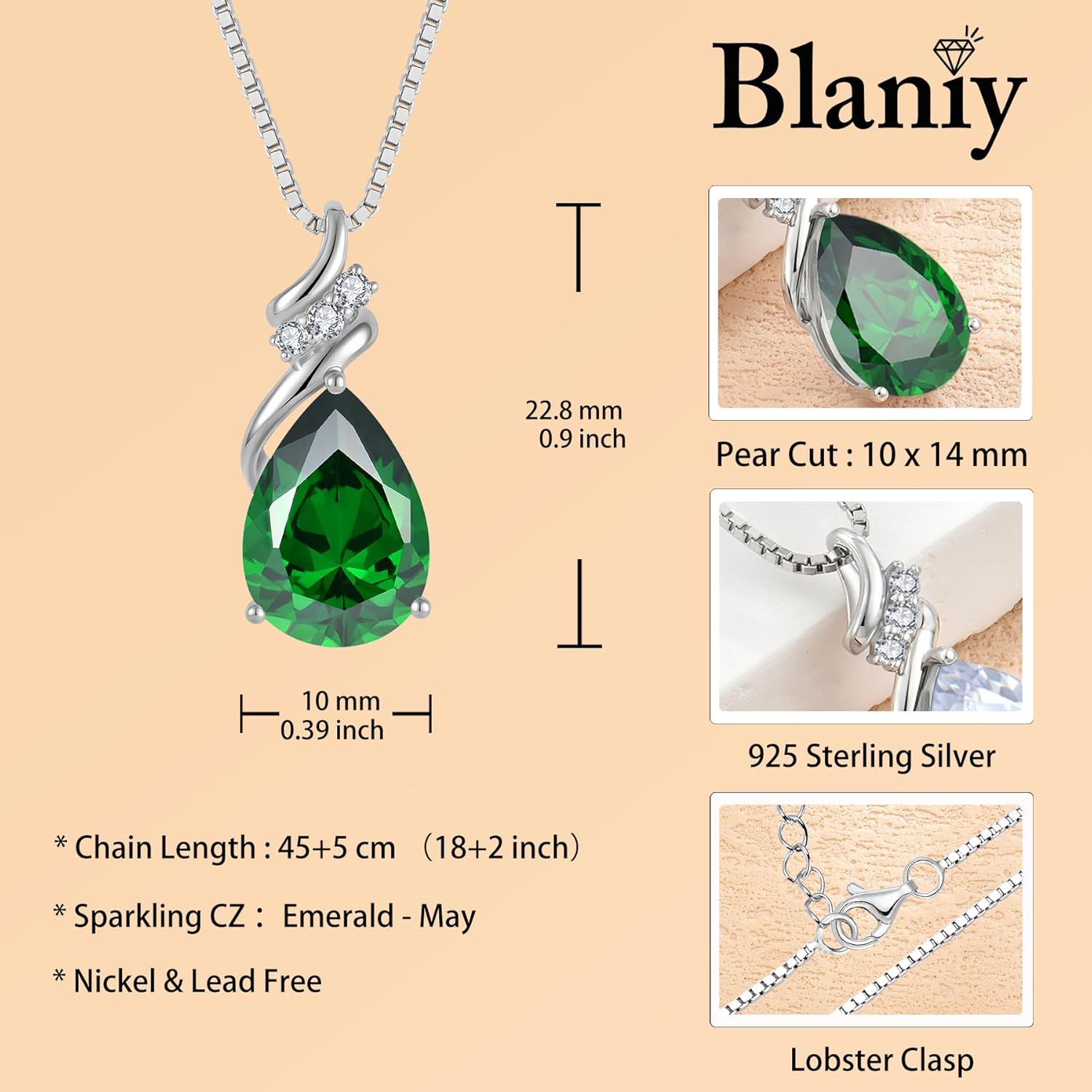 Teardrop Necklace 925 Sterling Silver Birthstone Pendant Necklace Created Gemstone Jewelry for Women - Image 6