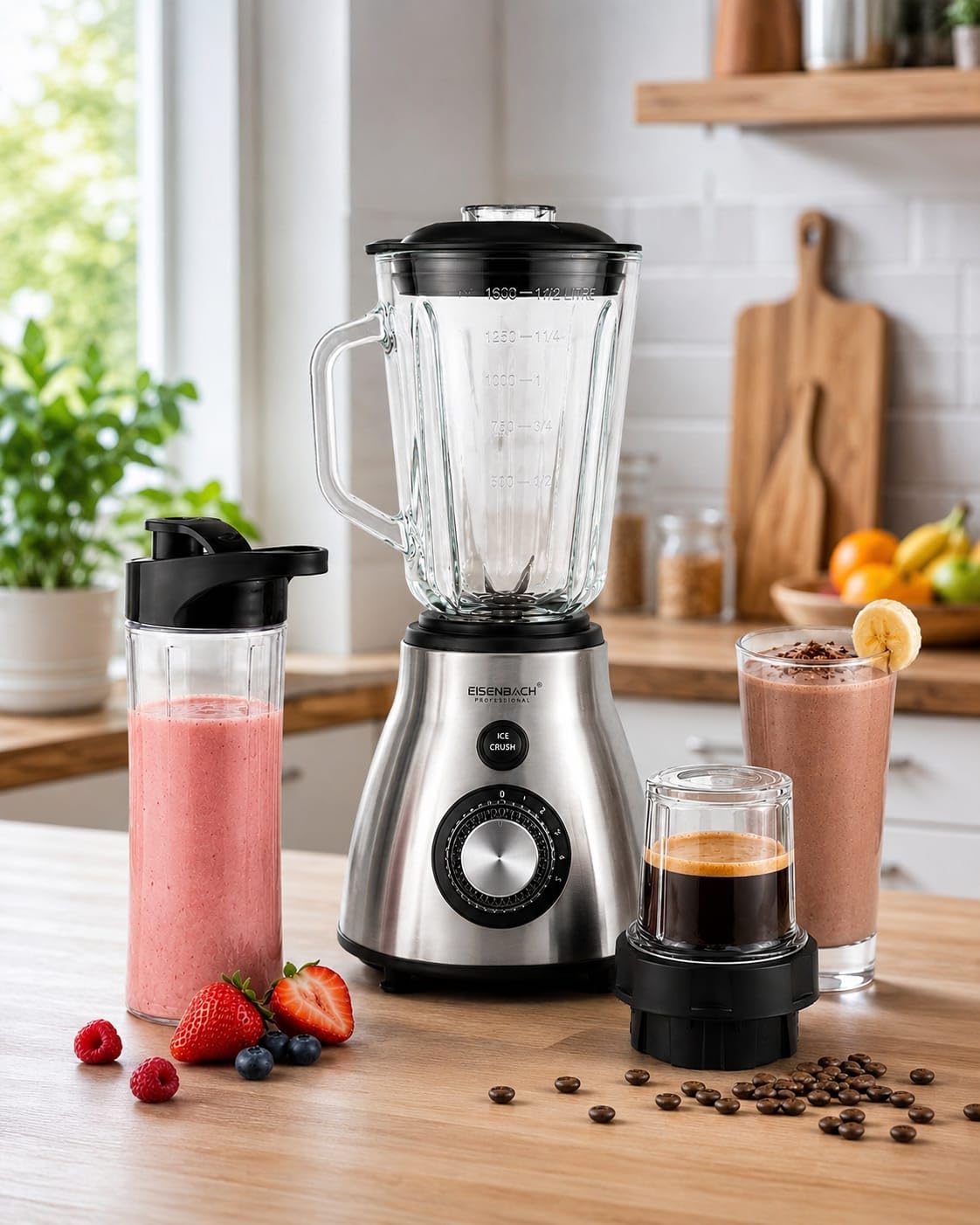Licuadora Eléctrica Profesional 3 en 1 800W, Vaso de Vidrio 1.5L, Molinillo para Café y Especias, Botella Portátil 600 ml, 5 Velocidades + Función Ice Crush, 220-240V 50/60Hz