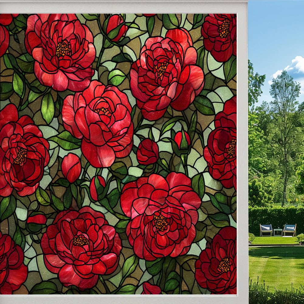 Colored Mosaic Flowers Stained Glass Window Film, Rustic Rose Leaves Peel and Stick Privacy Film, Frosted Adhesive Vinyl Decorative for Bathroom Windows Glass Doors, （55x90cm）