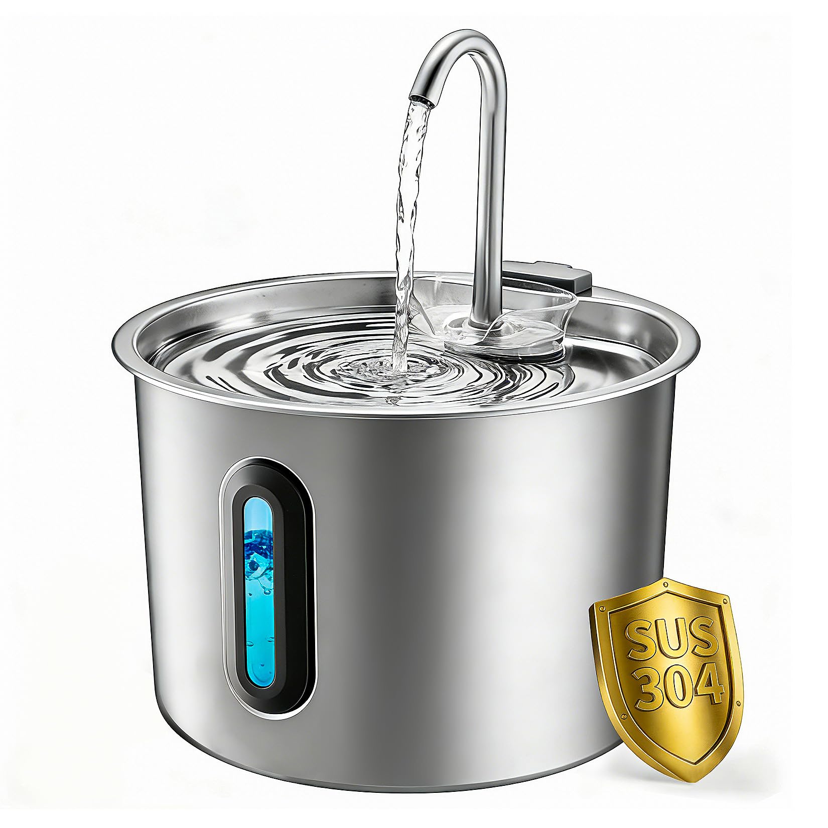 Fontanella per Gatti in Acciaio, Inox 2,2 L – Fontana Automatica con Finestra Panoramica, Pompa Ultra Silenziosa, Sistema Multi-Filtrazione + 1 Filtro e 1 Spugna – per Gatti, Cani, Piccoli Animali