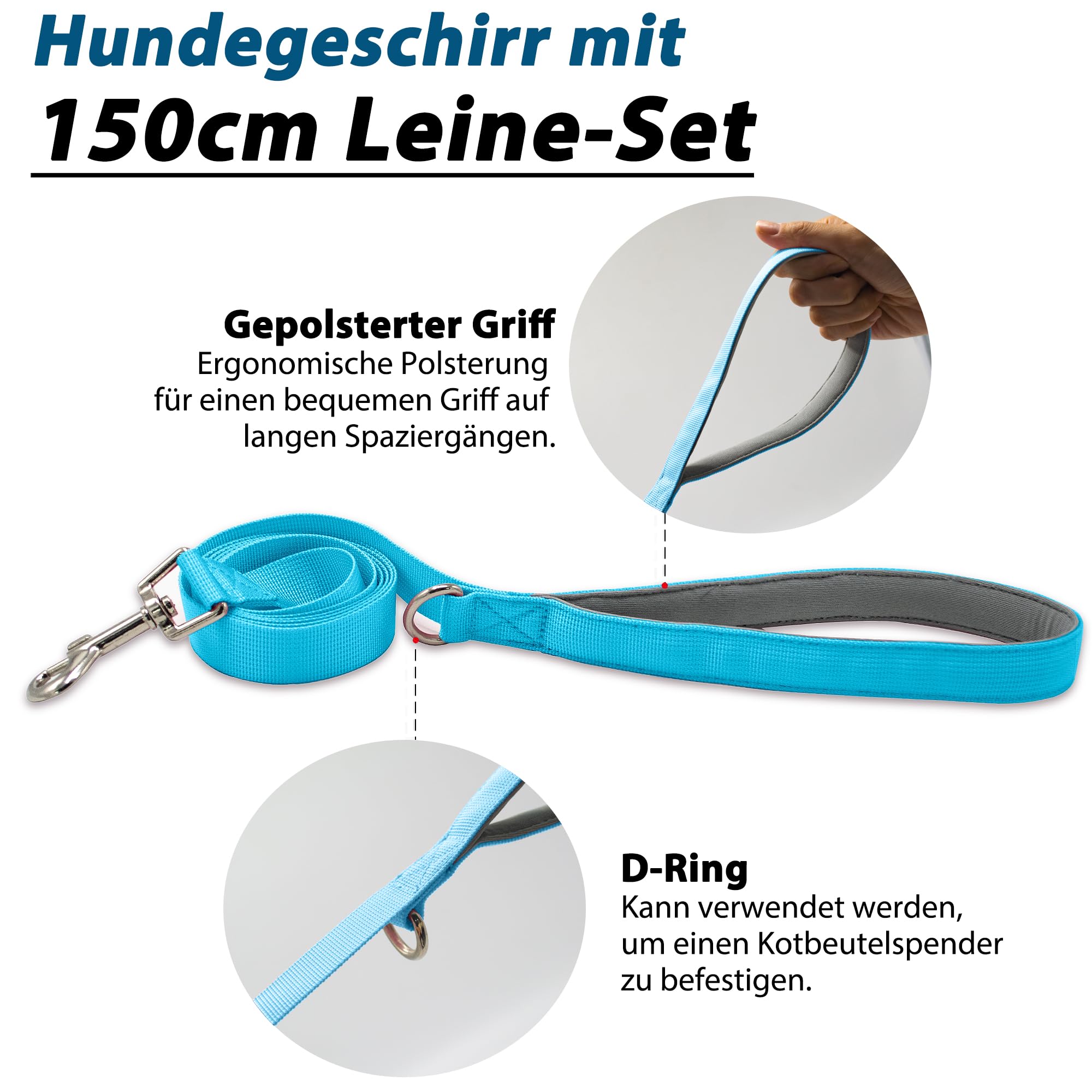 Hundegeschirr mit Leine, Sicherheitsgeschirr Hund Ausbruchsicher, Anti Zug Hundegeschirr mit Assistenzgriff und Reflektierende, Leichtes Verstellbare Geschirr für Mittelgroße Hunde (Blau,S)