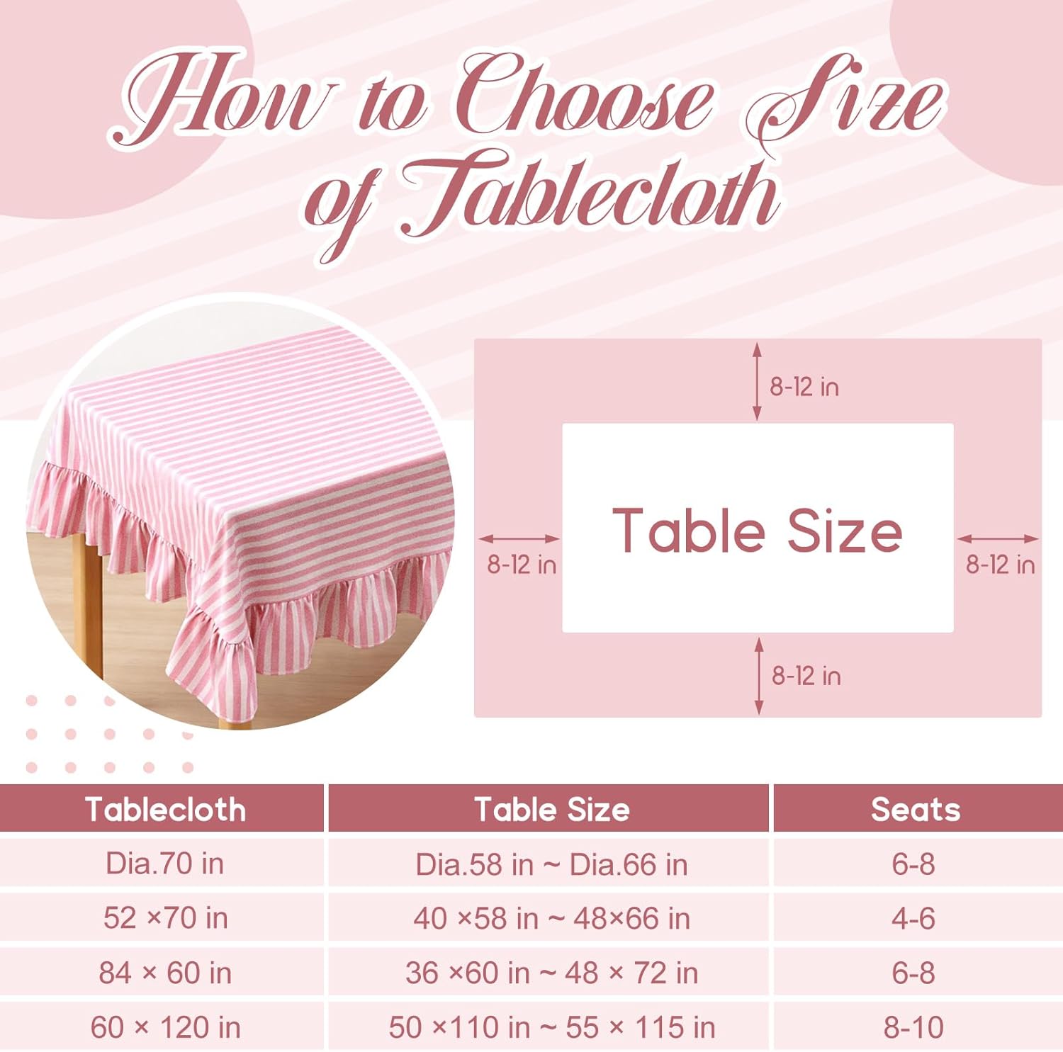 Mindsoft Pink Striped Ruffled Tablecloth 70 x 52 Inches Cotton Linen Rectangle Striped Table Cloth Classic Farmhouse Vintage Table Cover Decorative Pattern for Holiday Party Pink 52" x 70" (Rectangular) Rectangular