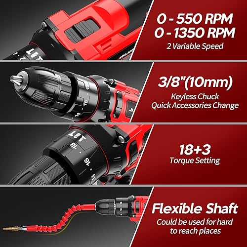 Miniatura 2 de Taladro inalámbrico de 20 V, juego de taladro eléctrico con cargador de batería y estuche de transporte, portabrocas sin llave de 3/8 pulgadas, 2