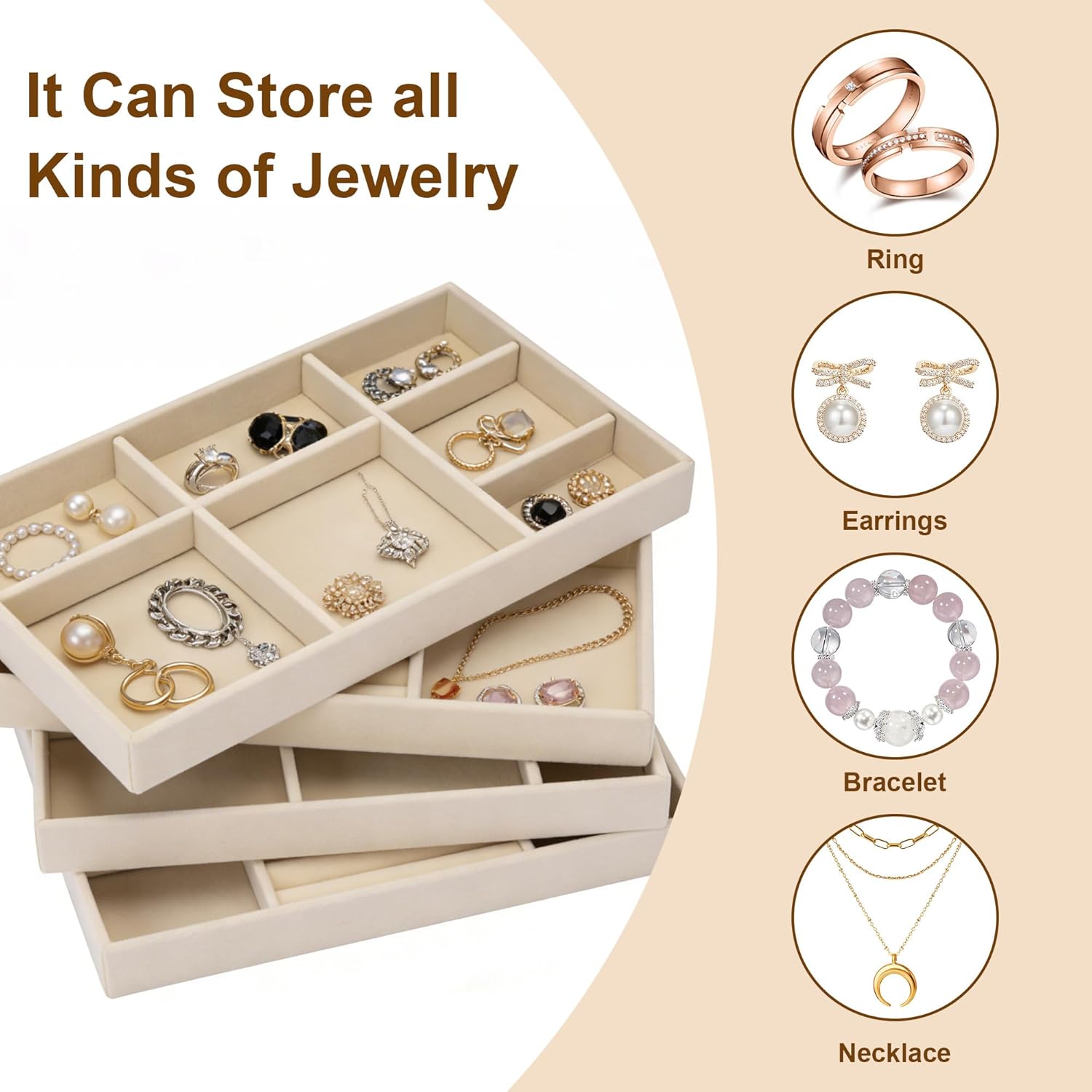 SIBAO 8 Pack 4 Style Velvet Jewelry Tray For Drawer,Stackable Jewelry Organizer,8.3 * 5" Velvet Boxes Display Tray For Necklace, Bracelet,Earrings,Rings